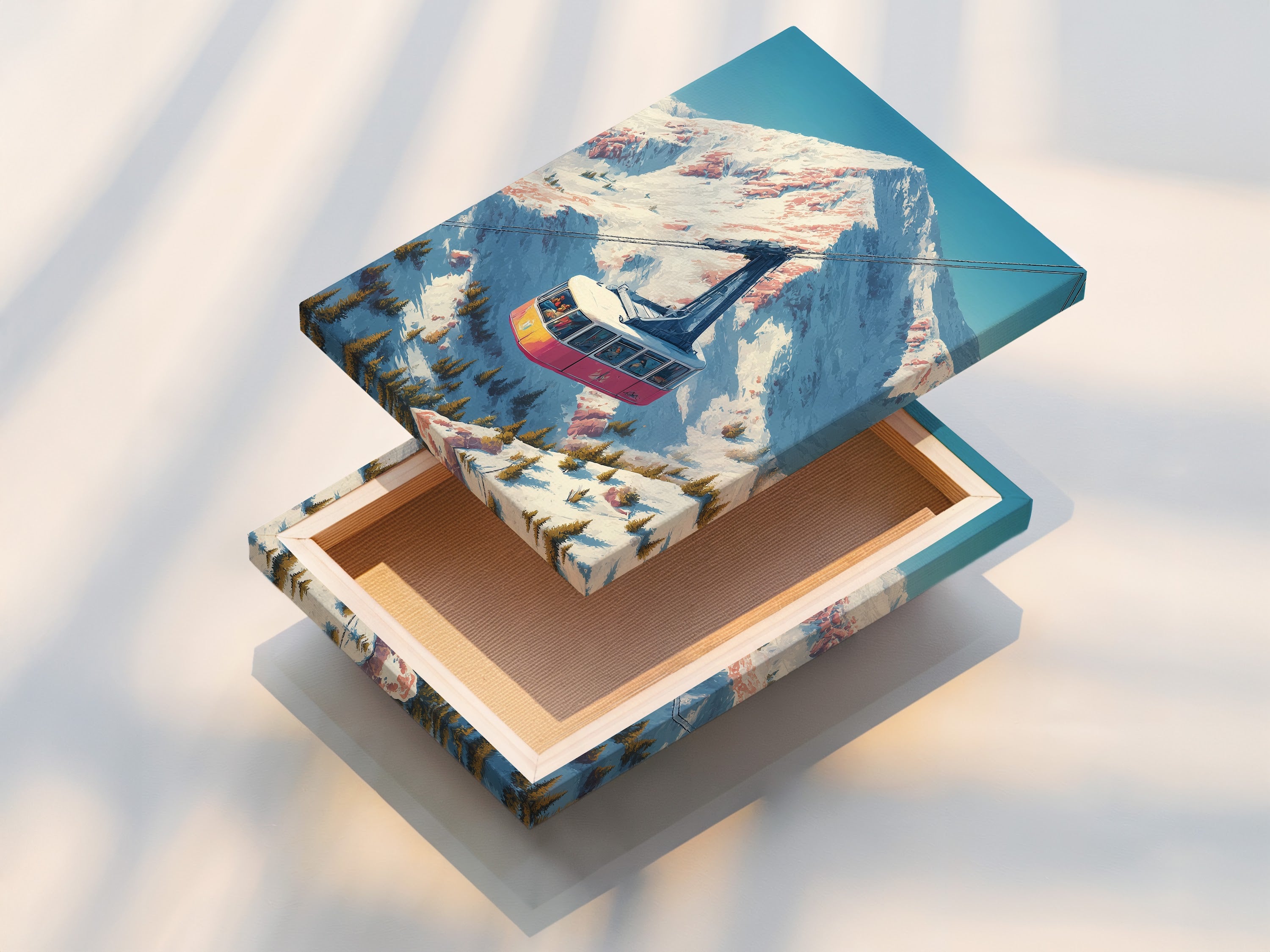 A stretched canvas print displaying vintage ski lift artwork. The alpine mountain cable car scene is perfect for lodge-style decor. Enhance your living room office or ski lodge with this retro winter sports art.