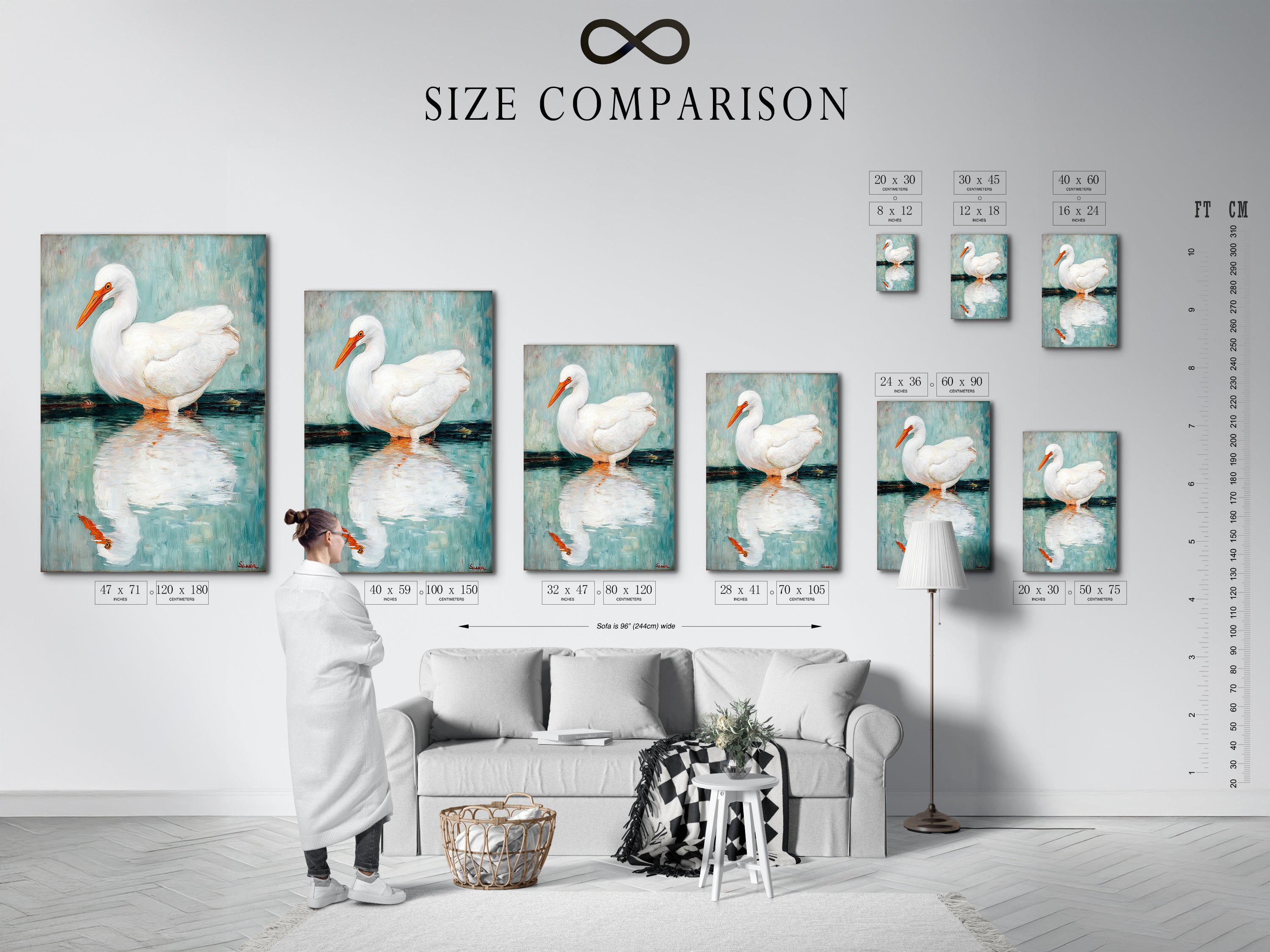 A size comparison chart is displayed in an interior setting. See how the Egret artwork fits in your space. The coastal bird wall art comes in various sizes. Perfect for homeowners renters and interior designers. Visualize the impact of this heron print. Choose the ideal size for your living room or bathroom wall decor.