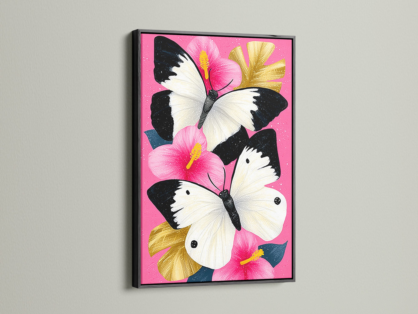 Butterfly Canvas Artwork with a Black Frame. The artwork features a pink hibiscus wall art with white butterflies. This vibrant art is perfect for summer decor. Elevate your space with this unique and stylish piece.