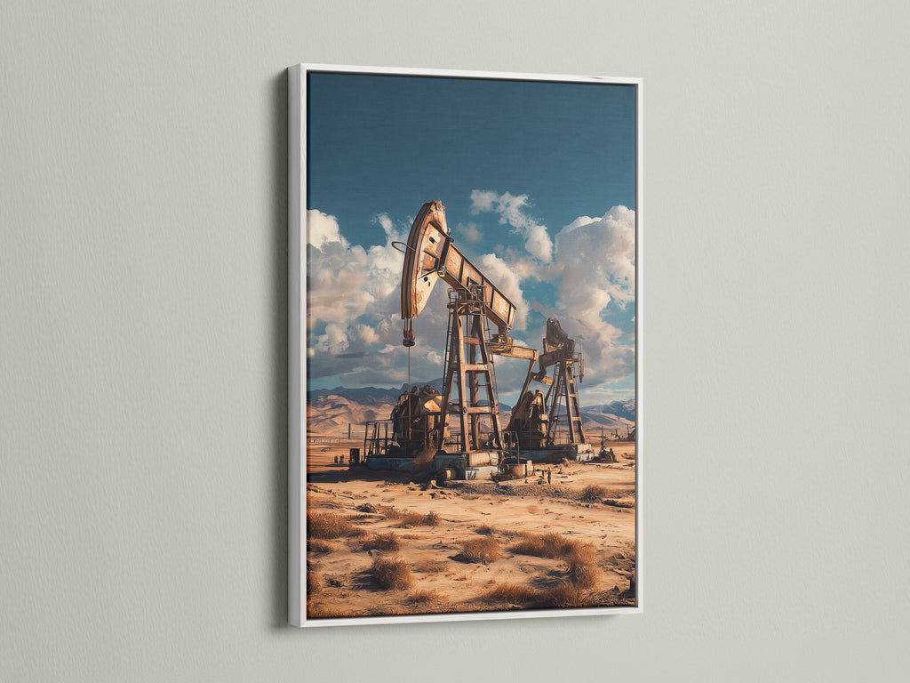 A white frame enhances this oil rig canvas print. The desert landscape artwork offers a blend of industrial and rustic elements. Great as office wall art or for adding character to your living room. Its vintage style and sepia tones complement various decor styles. Consider this framed art to elevate your space.