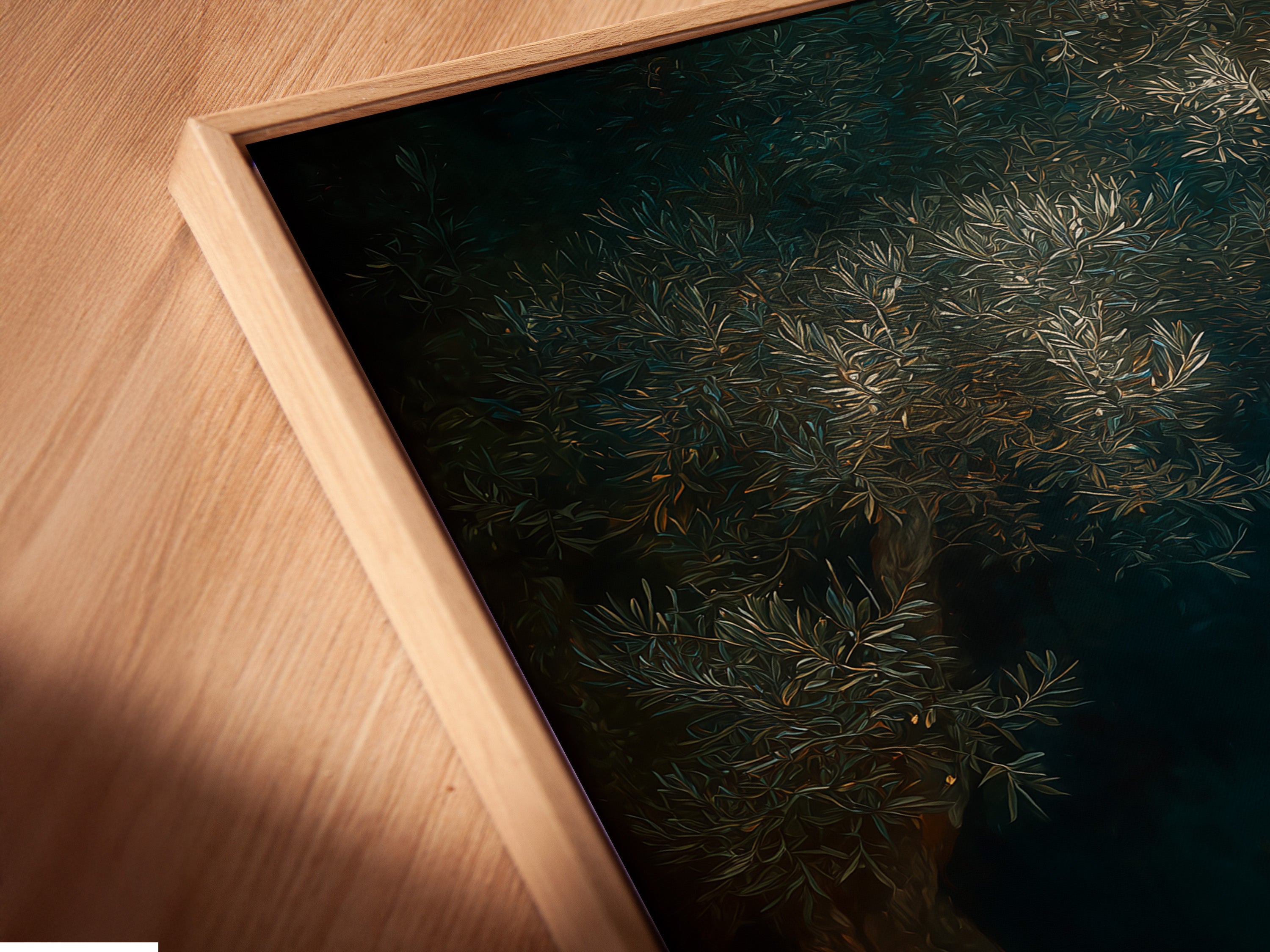 An angled close up shows a canvas print in a floating frame. The artwork appears to float within the frame. This creates a modern and stylish look. Perfect for showcasing your favorite pieces. Elevate your art with a floating frame. Order yours today and transform your art.