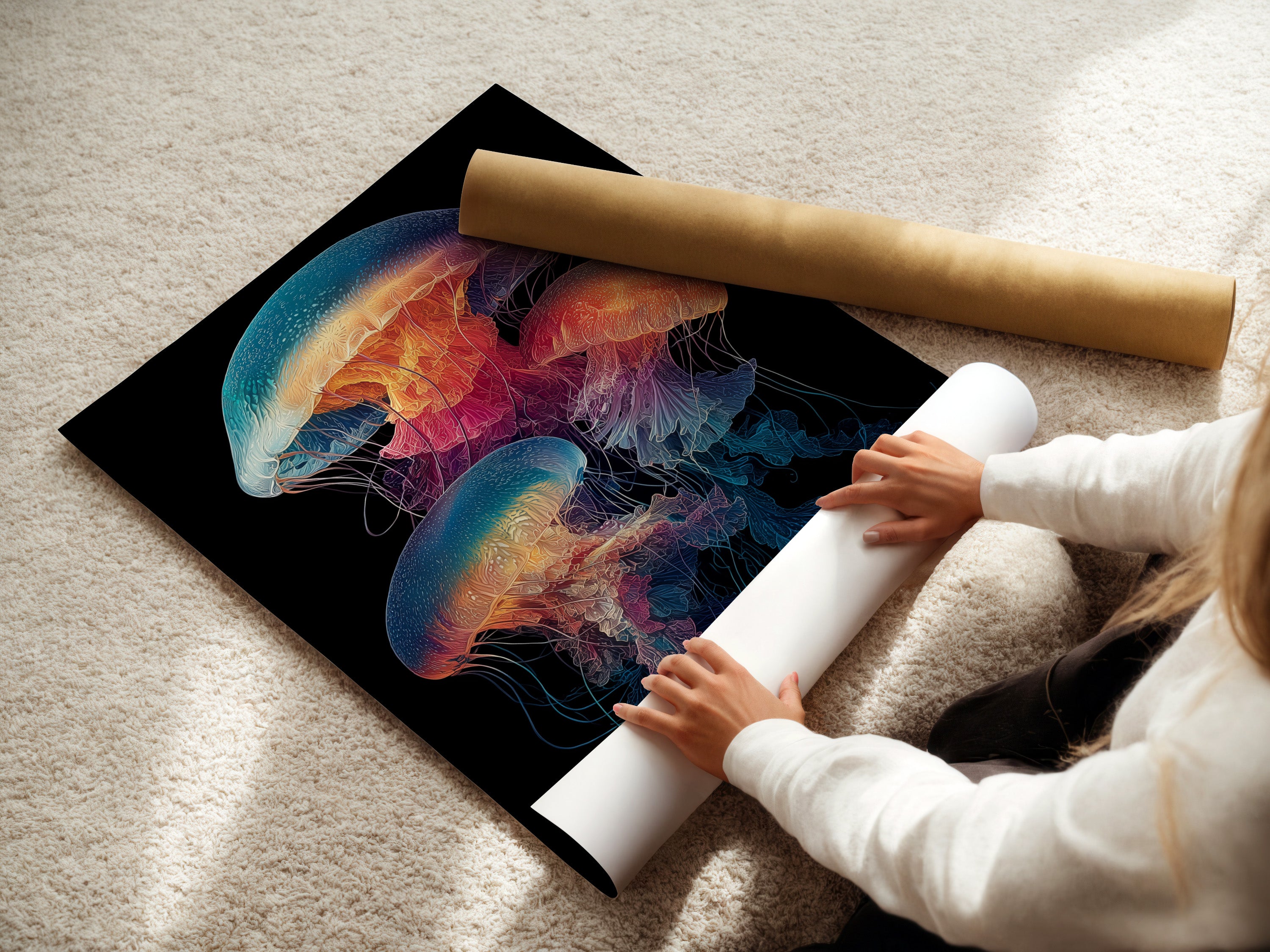 A woman rolls a fine art poster paper showcasing the jellyfish artwork. The colorful ocean wall art is ready for framing. This marine life print is perfect for bathroom decor living room wall decor and office wall art. The vibrant sea life artwork enhances coastal tropical and minimalist styles.