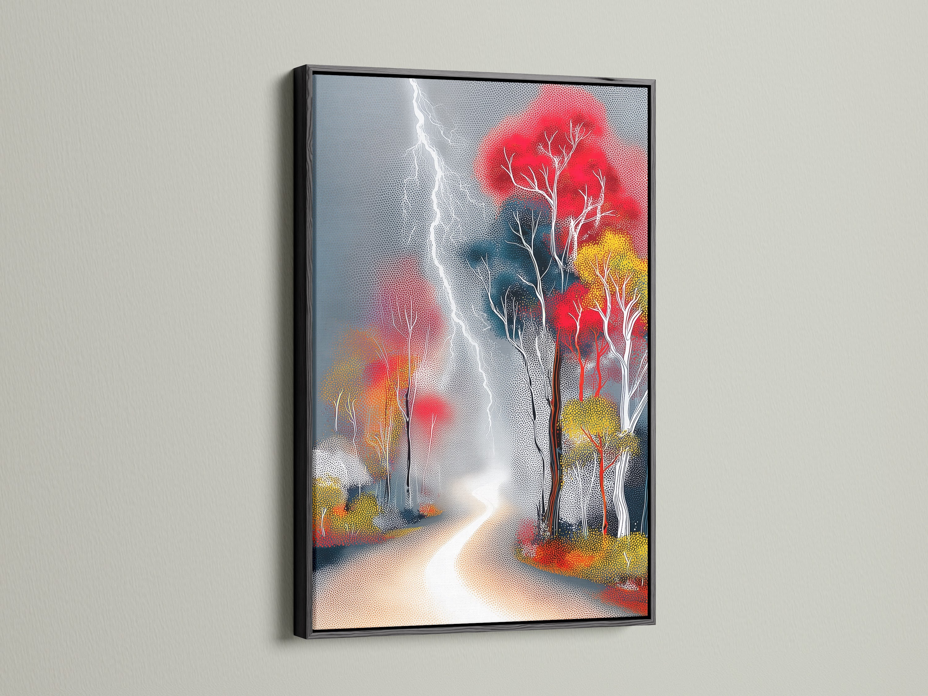 Witness the 'Lightning Forest' artwork in a black frame. The art showcases colorful trees and a modern storm. The black frame creates a bold statement. Suitable for various interior styles. Bring modern photography into your home or office.