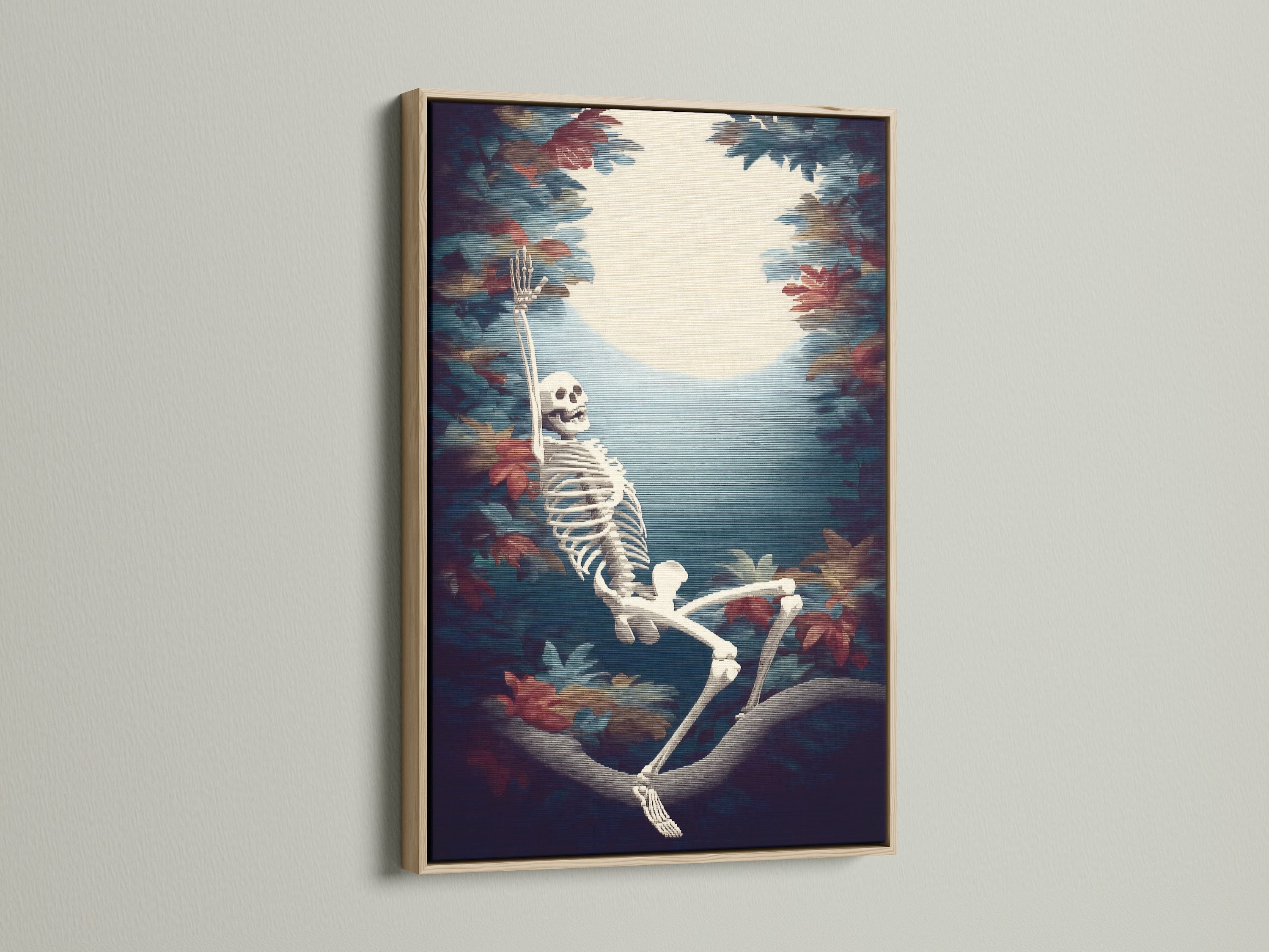 Skeleton Canvas Print in an oak frame. This spooky season wall art is perfect for Halloween decor. It's a great addition to any gothic home. Find macabre artwork with skeleton art.