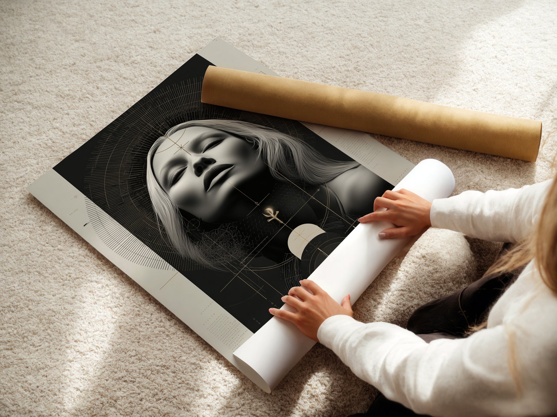 A woman rolling a fine art poster paper featuring the Mystical Woman Portrait. This spiritual artwork combines sacred geometry with boho elements. Ideal for adding a touch of divine feminine art to your home. Perfect for living rooms bedrooms and yoga studios.