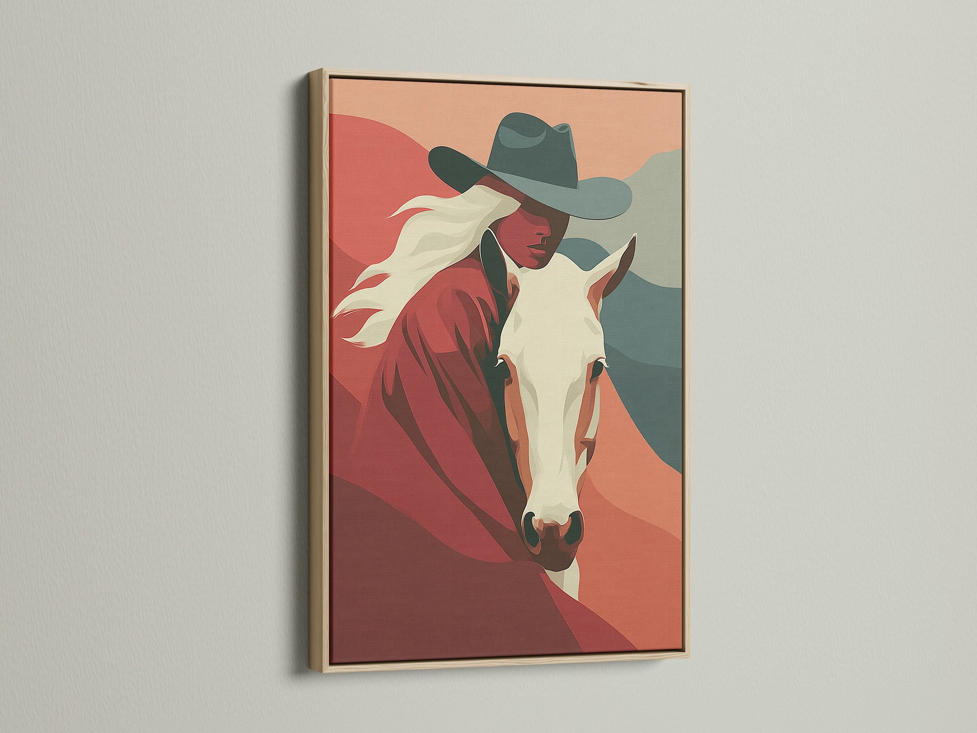 A framed artwork is on display. The frame has a beautiful oak finish. The oak frame enhances the artwork's beauty. This provides a natural and elegant touch. Perfect to complement artwork with warm tones.