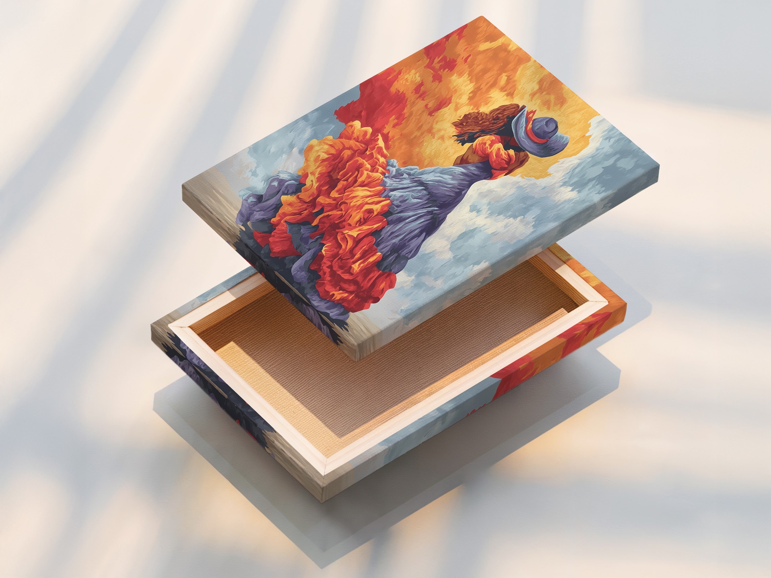 Stretched canvas print featuring a flamenco dancer. The Spanish dress wall art is ready to hang. The orange and teal artwork adds vibrancy to your decor. Perfect for creating a bohemian atmosphere.