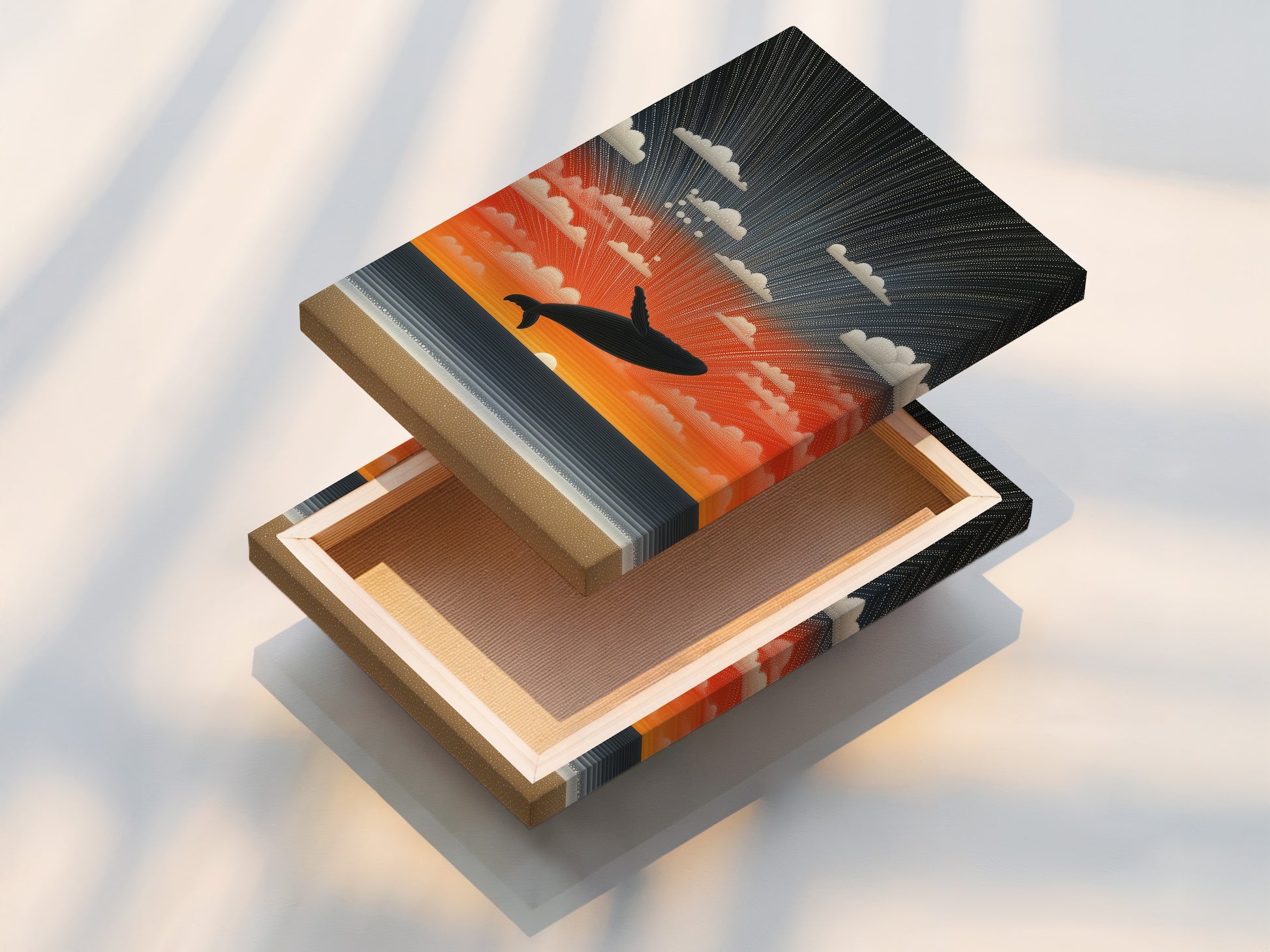 A stretched canvas print of the Whale Sunset artwork. Our stretched canvas prints are ready to hang. They offer a gallery-wrapped look. These prints provide a professional and polished appearance.