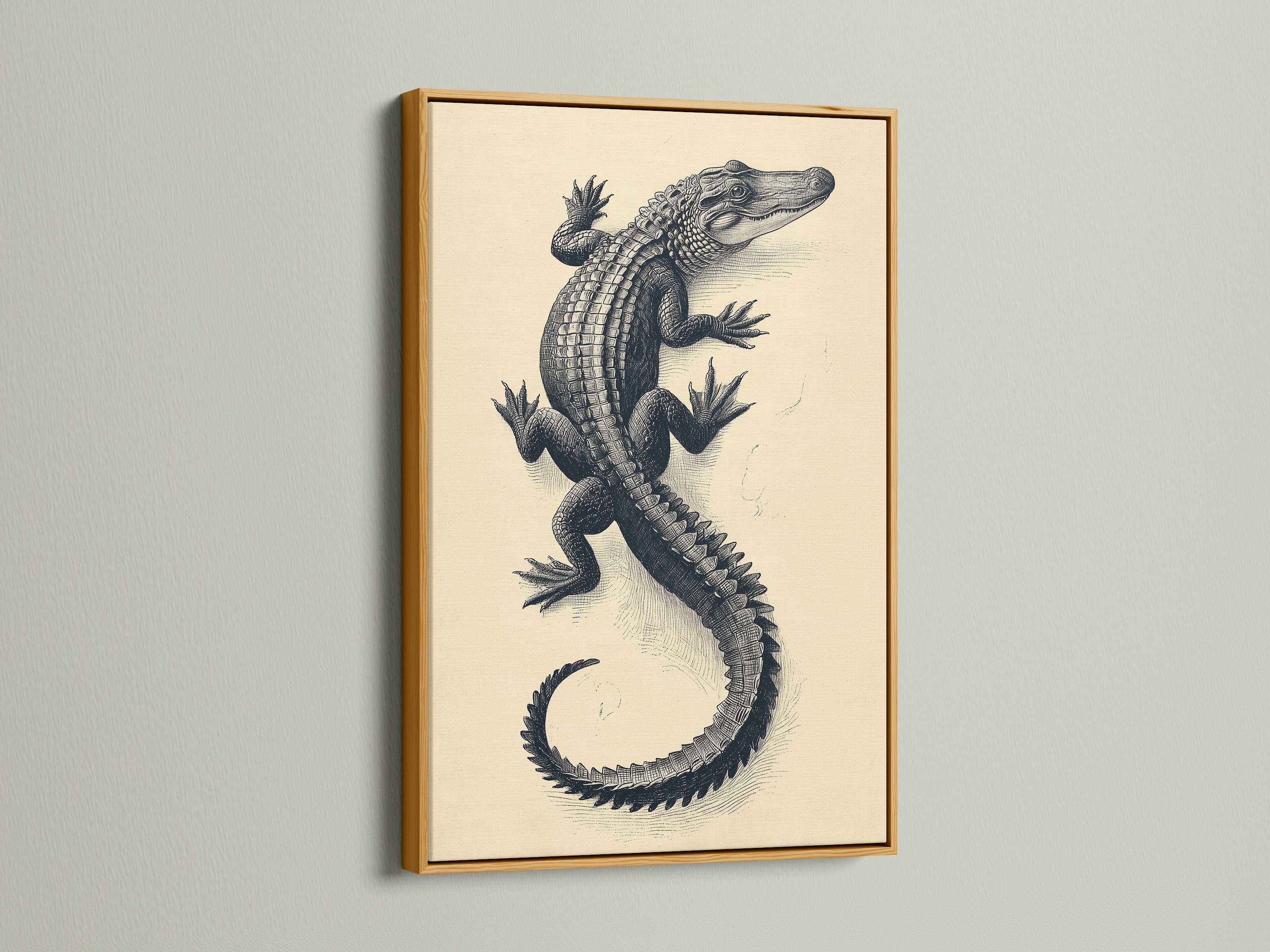 Vintage Alligator Art Print presented in a gold frame. This antique animal art piece exudes Victorian charm. The gold frame complements the natural history artwork. Ideal for adding a touch of vintage zoology to your study room decor. This reptile print is a perfect blend of science and art.