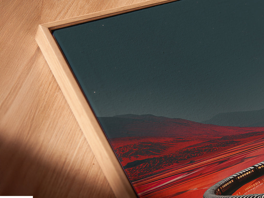 Angled close up of a Train Journey canvas print in a floating frame. The floating frame adds a modern touch. This retro railroad artwork is ready to hang. Perfect for any room.