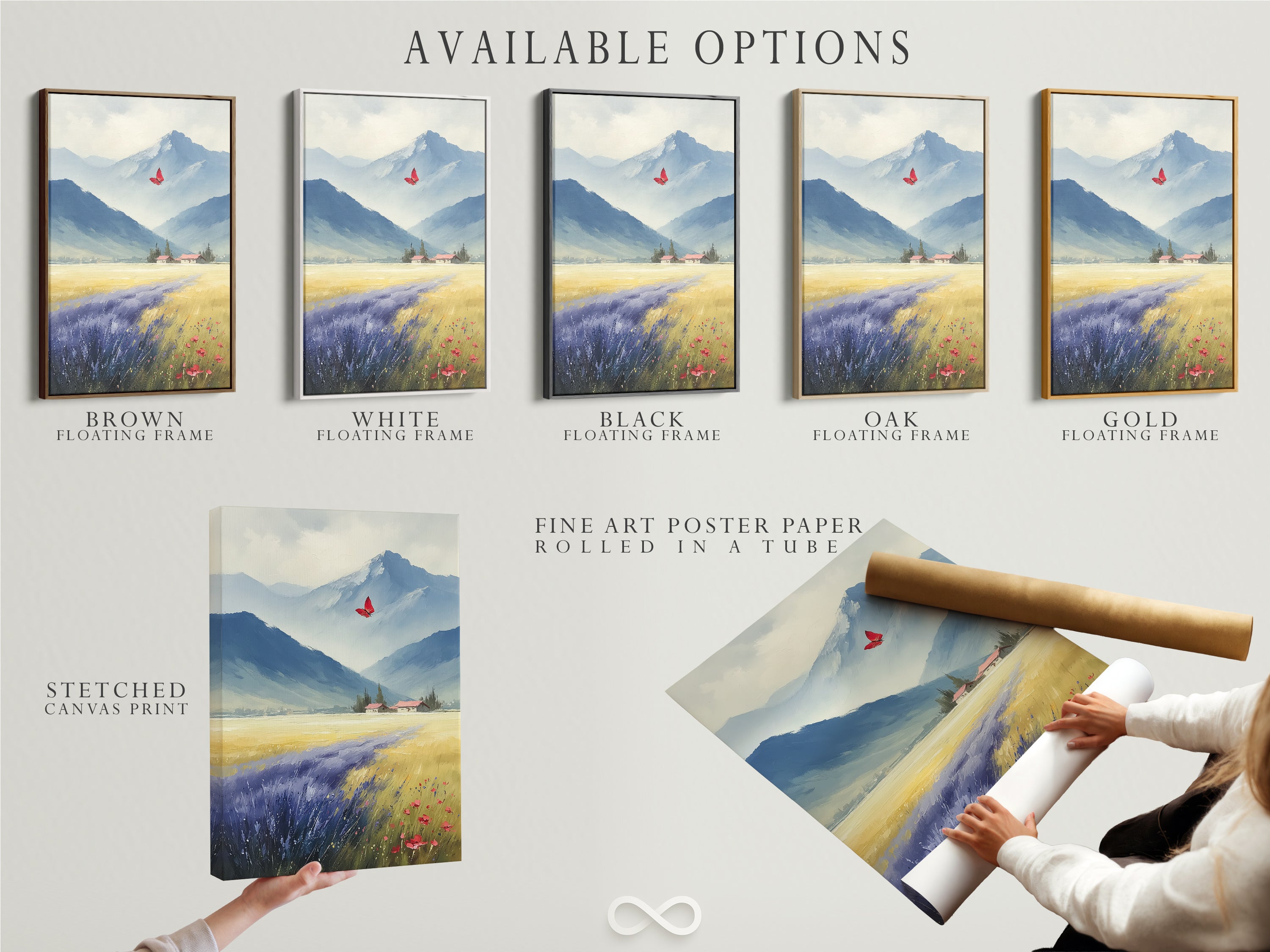 Available options include stretched canvas prints fine art poster paper and floating frames. The artwork is a mountain meadow landscape with a butterfly. Choose the perfect format to suit your style. Explore our options for farmhouse art.