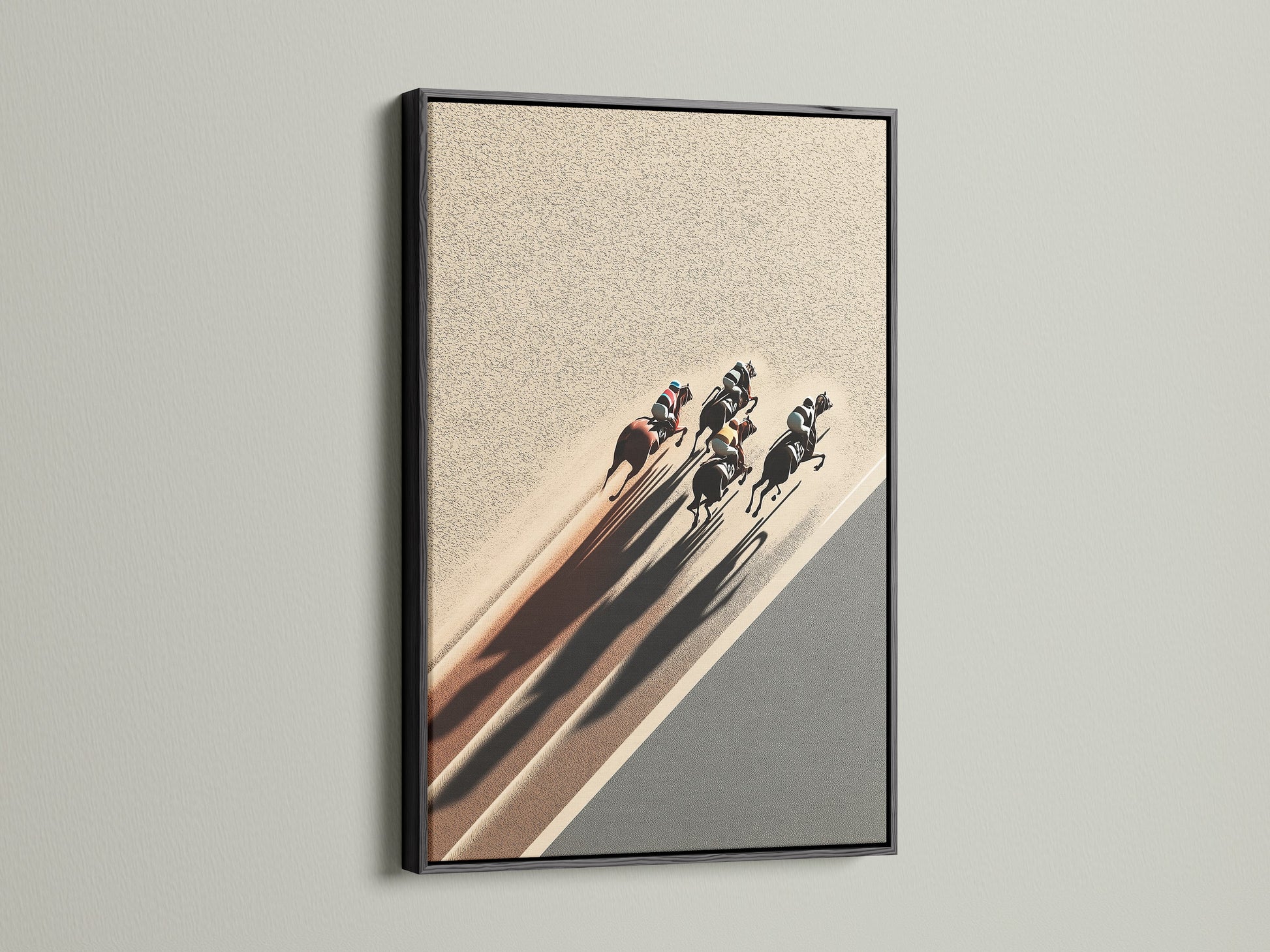 Make a statement with our horse racing art. This equestrian decor is presented in a black frame. A dramatic sport canvas print. It's a great choice for office wall art. A bold addition for any space.