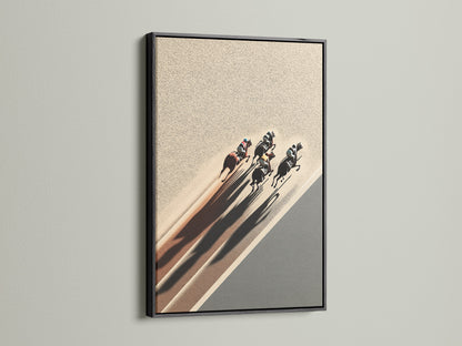 Make a statement with our horse racing art. This equestrian decor is presented in a black frame. A dramatic sport canvas print. It's a great choice for office wall art. A bold addition for any space.