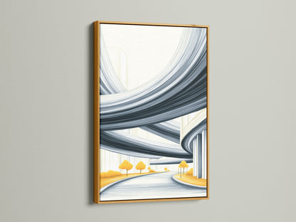 Experience the luxury of a gold frame highlighting abstract cityscape art. This modern canvas print brings sophistication to any room. Ideal for those seeking elevated graphic artwork. Transform your office or café with this contemporary architectural print.