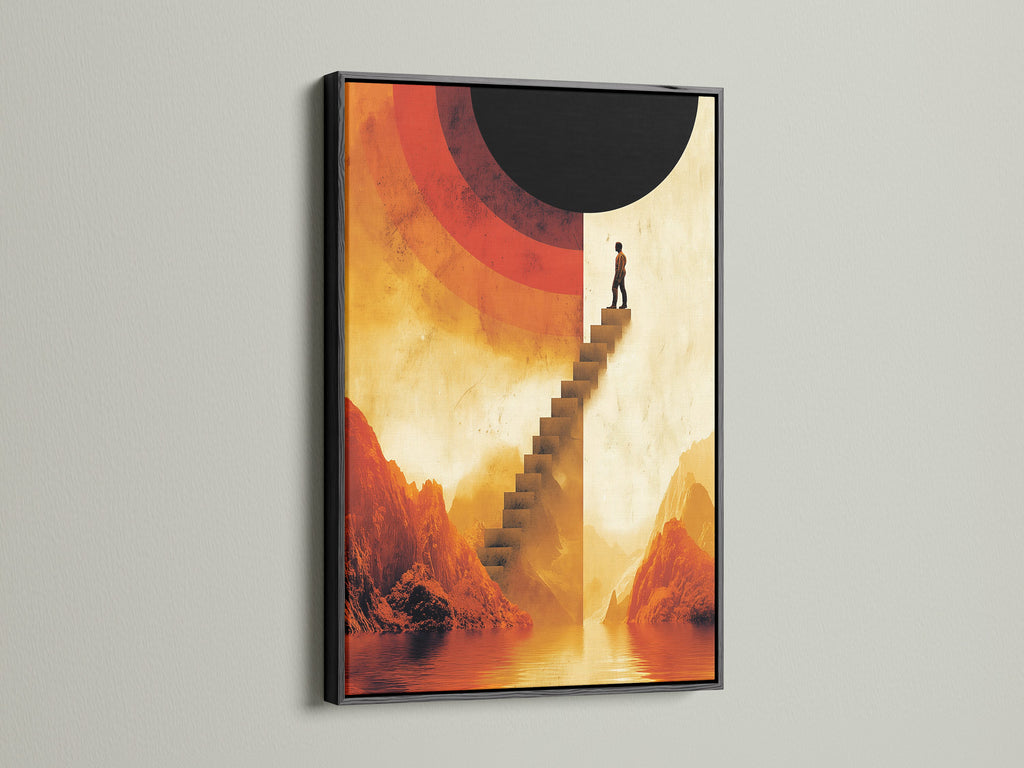 Surreal stairway canvas artwork with a black frame. Abstract mountain landscape artwork in warm earth tones. This contemporary print adds a minimalist touch. Perfect for a modern office or living room. The black frame makes the art pop.