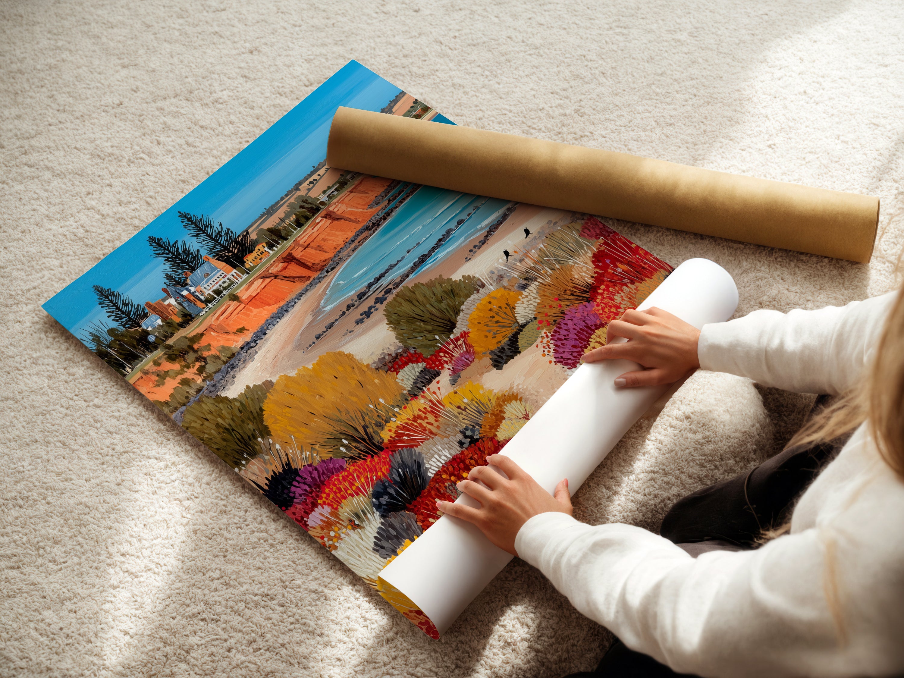 A woman is carefully rolling a fine art poster paper. This highlights the care and quality that goes into each print. Perfect for homeowners and business owners seeking elevated coastal wall art. The fine art paper ensures a vibrant and lasting image. Explore our range of seascape prints today.