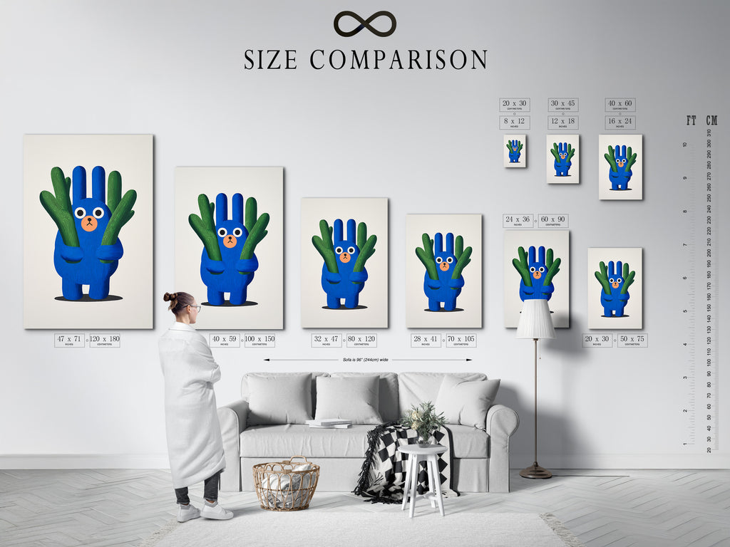 A size comparison chart is displayed in an interior setting. It showcases various sizes of the cactus artwork print. This helps visualize the blue green nursery wall art in a kids room. Choose the perfect size for your children wall decor needs.