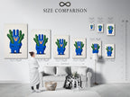 A size comparison chart is displayed in an interior setting. It showcases various sizes of the cactus artwork print. This helps visualize the blue green nursery wall art in a kids room. Choose the perfect size for your children wall decor needs.