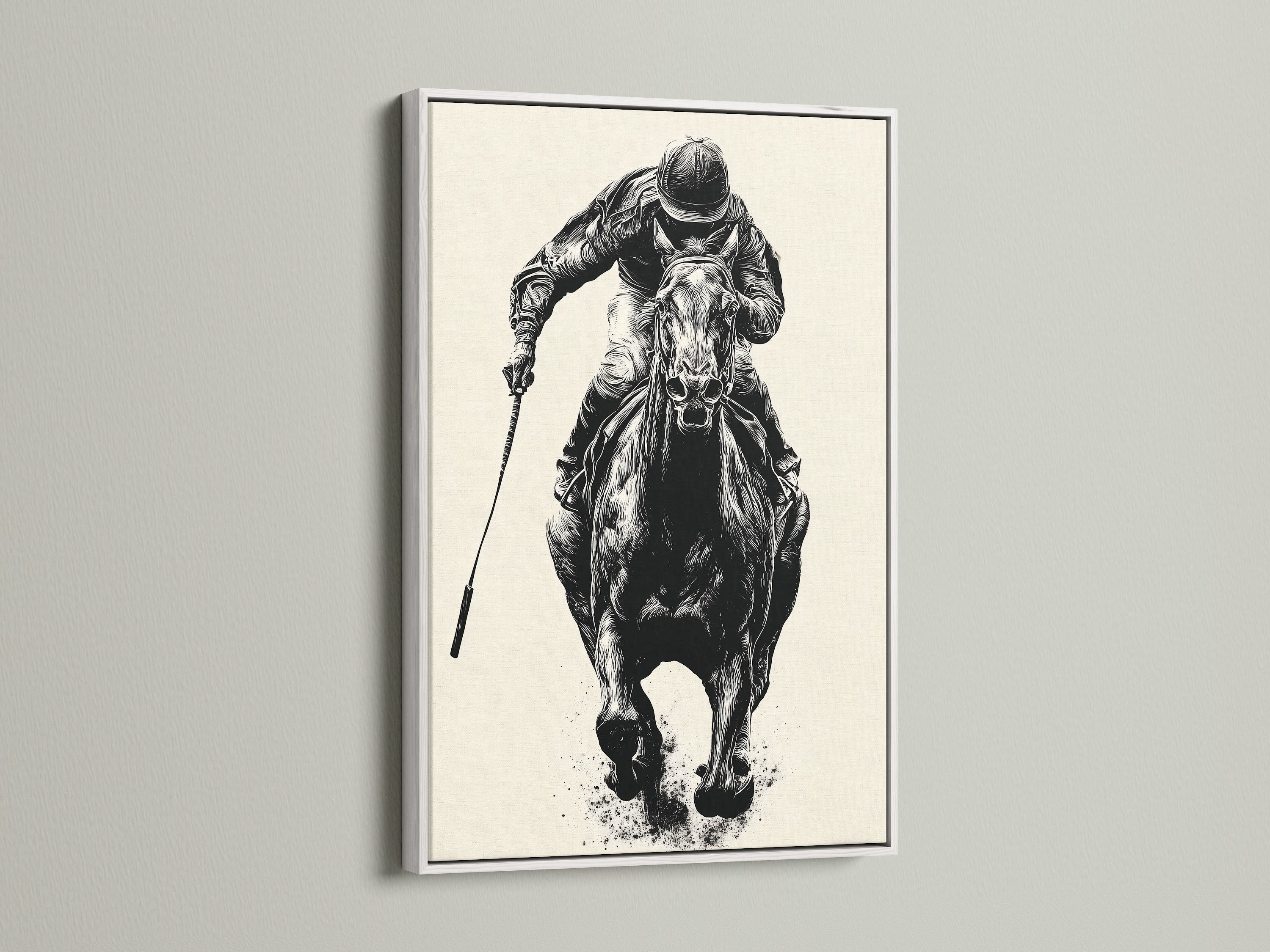 Artwork of a horse race in a white frame. The white frame offers a clean and modern look. Explore our art collection for unique wall decor. Elevate your interior with our stylish framed artwork.