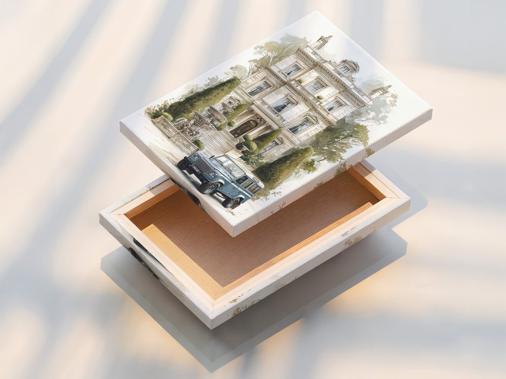 Vintage Anwesen mit Oldtimer - Aquarell Architektur Kunstdruck, Europäische Villa Wanddekoration, Traditioneller Wohndruck