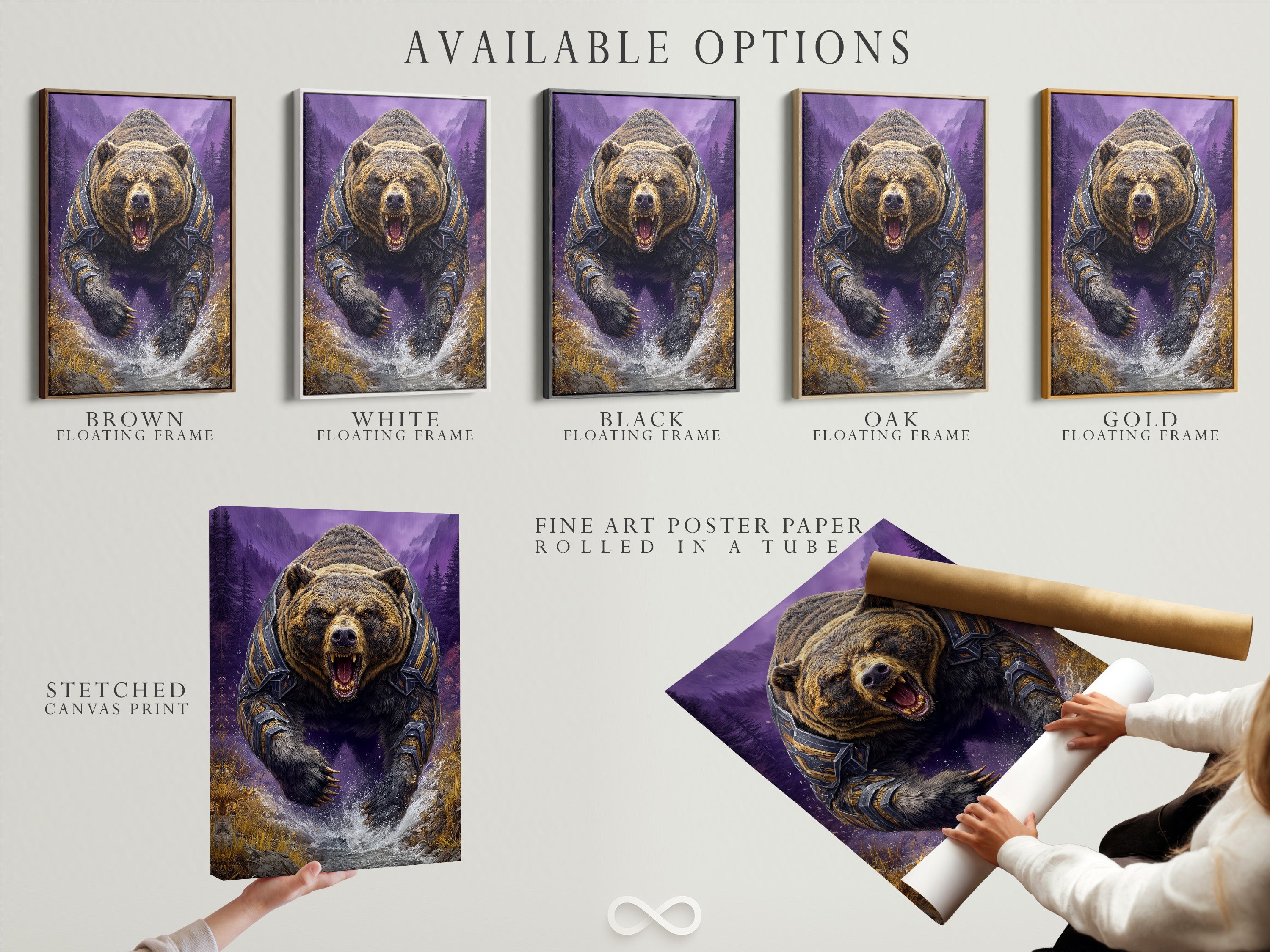 Available options for the Grizzly Bear artwork. Choose from a stretched canvas print fine art poster paper or a floating frame. Fantasy wildlife art featuring a bear in armor and purple mountains. Find your perfect style.