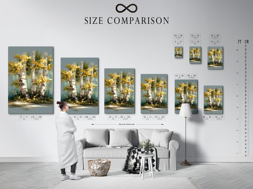 A size comparison chart in an interior setting. It shows available sizes for the birch tree canvas print. This chart helps visualize the artwork in your space. Perfect for planning your wall decor.