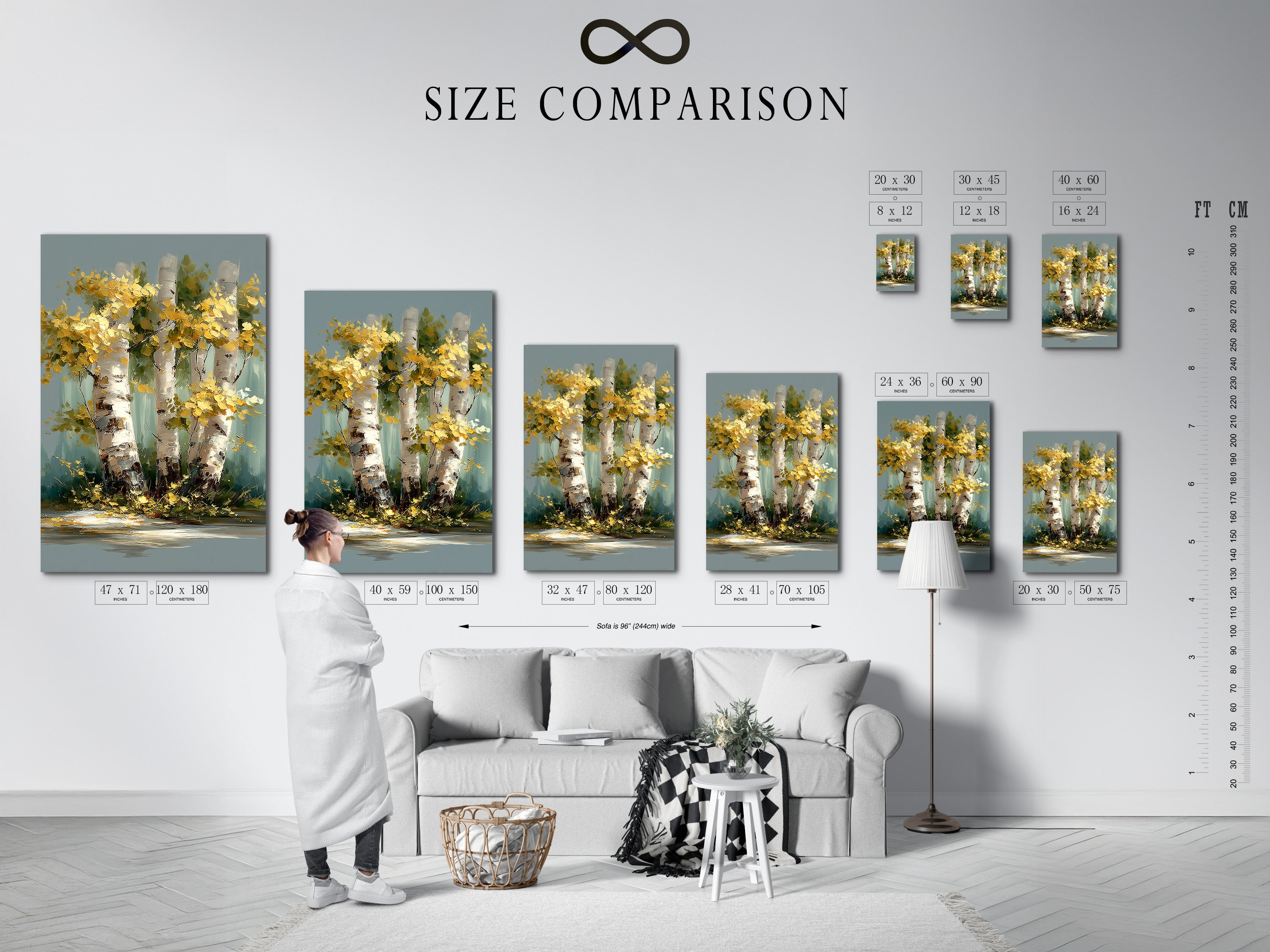 A size comparison chart in an interior setting. It shows available sizes for the birch tree canvas print. This chart helps visualize the artwork in your space. Perfect for planning your wall decor.