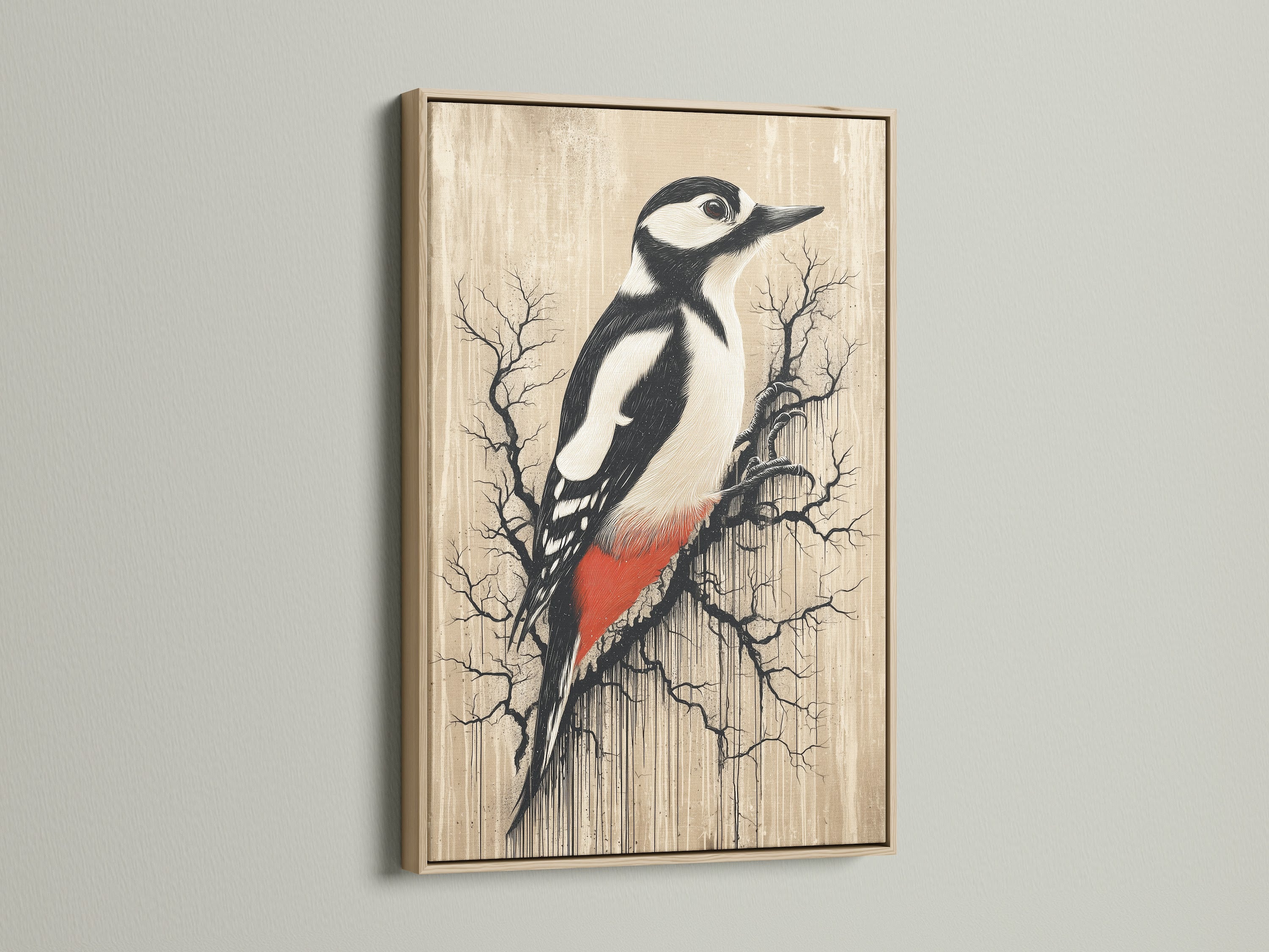 Woodpecker art in an oak frame adding rustic charm. Vintage bird wall artwork is suitable for any room. Neutral tone artwork for study room. Ornithology print for birdwatcher gift. It fits minimalist Scandinavian farmhouse or eclectic styles. Perfect for living room bedroom study or office