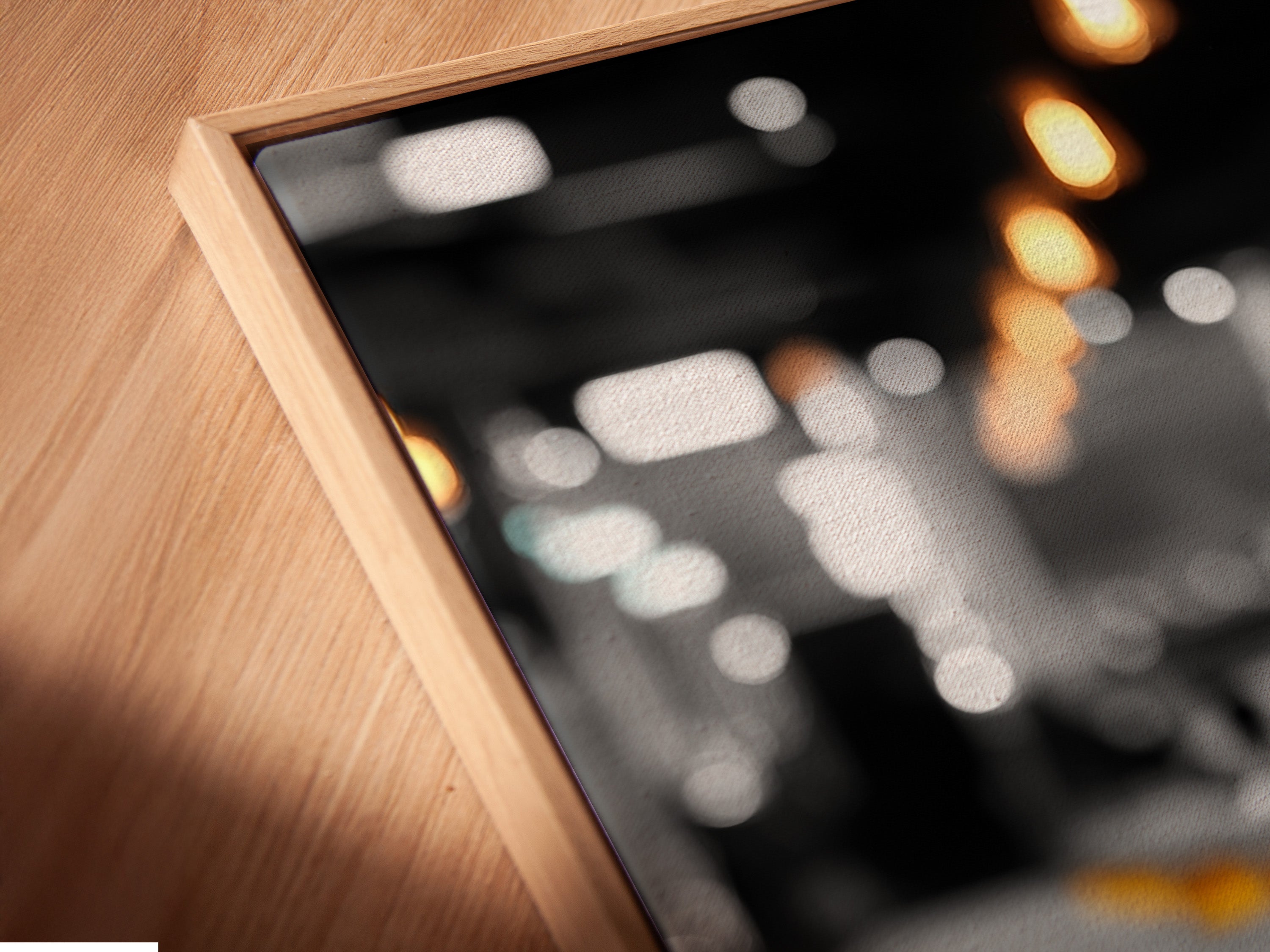 Angled close up of a canvas print in a floating frame. This whiskey bar art brings a modern touch. The bourbon glass artwork is perfect for man cave art. The vintage distillery art is ideal for home office wall decor. Explore our range of floating frame options.