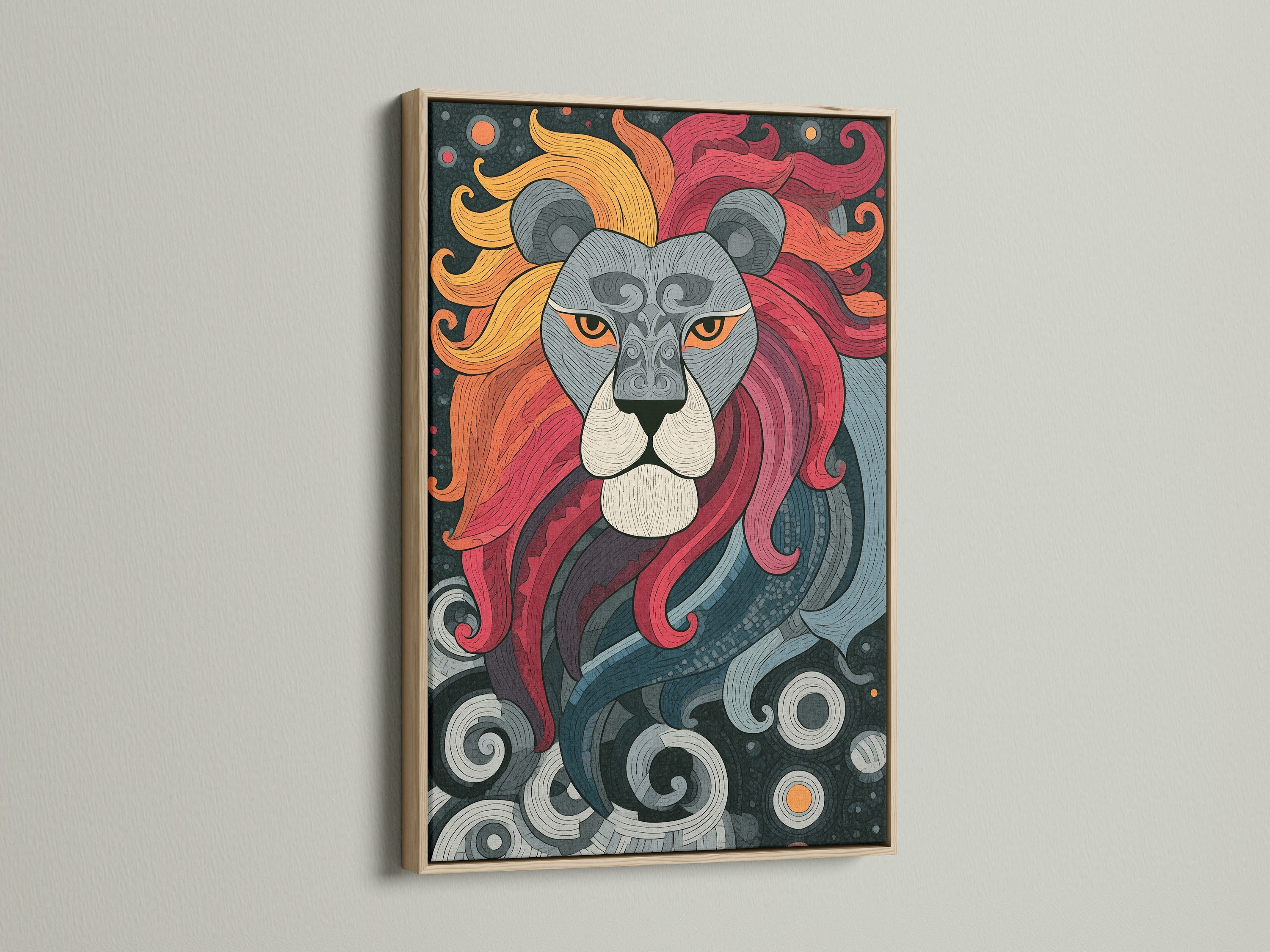 A captivating lion artwork is framed in oak. The oak frame complements the artwork beautifully. Notice the intricate details of the lion's mane. The artwork makes a bold statement. This oak frame adds warmth and sophistication.