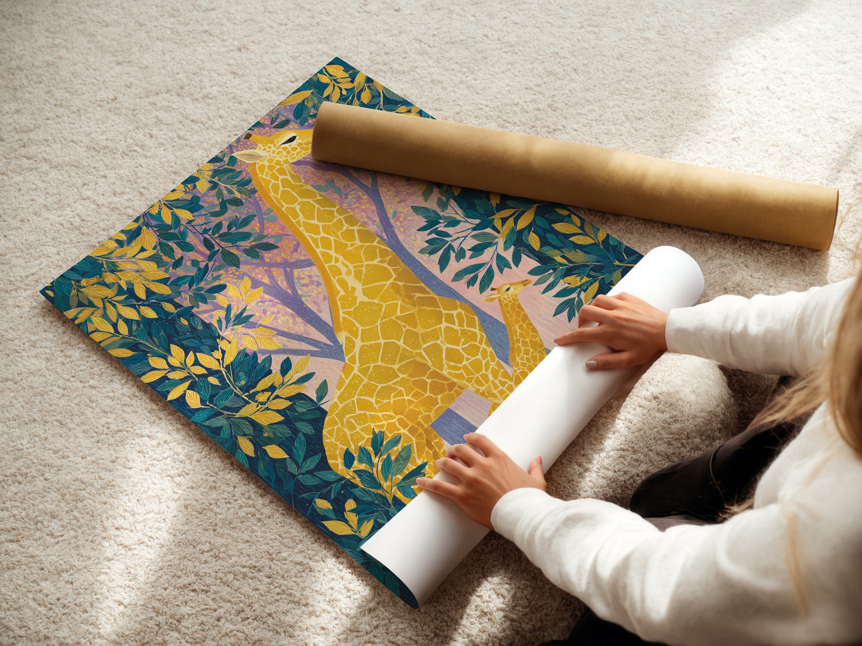 A woman is carefully rolling a fine art poster paper featuring a giraffe artwork. This colorful safari canvas print is perfect for nurseries and kids rooms. The tropical botanical animal art is ideal for creating a playful space. Ensuring the artwork is preserved for framing.