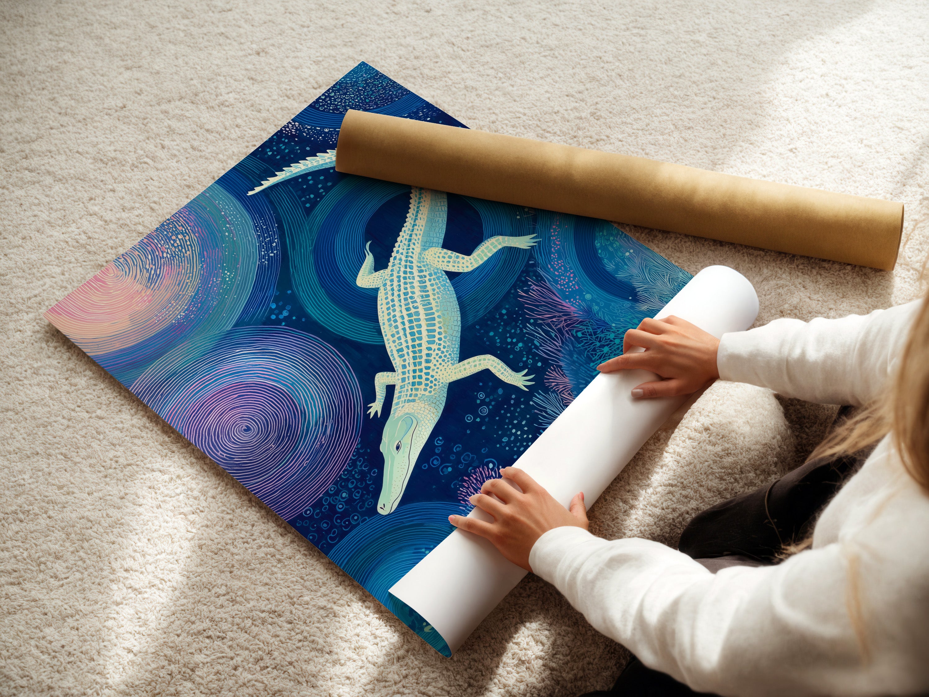 A woman is carefully unrolling a fine art poster paper. The paper will soon become a stunning Alligator Art Print. The ocean blue canvas evokes underwater wildlife. This piece is ideal for coastal decor.