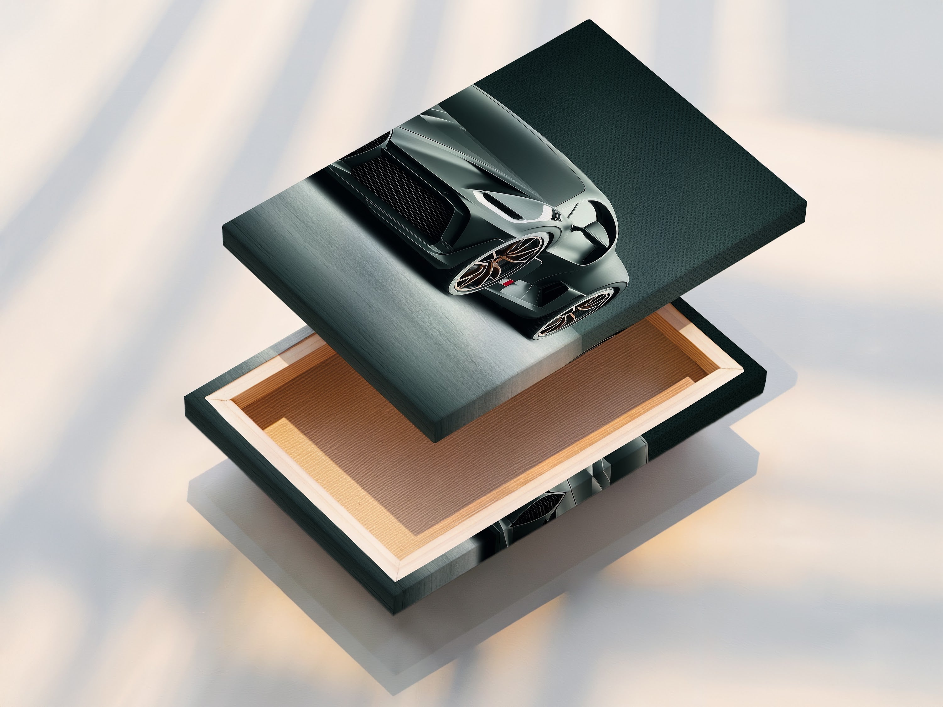 A stretched canvas print of a luxury sports car. The canvas print brings modern automotive wall art to life. Perfect for garage art man cave wall art and office art. Enhance your space with this supercar poster.