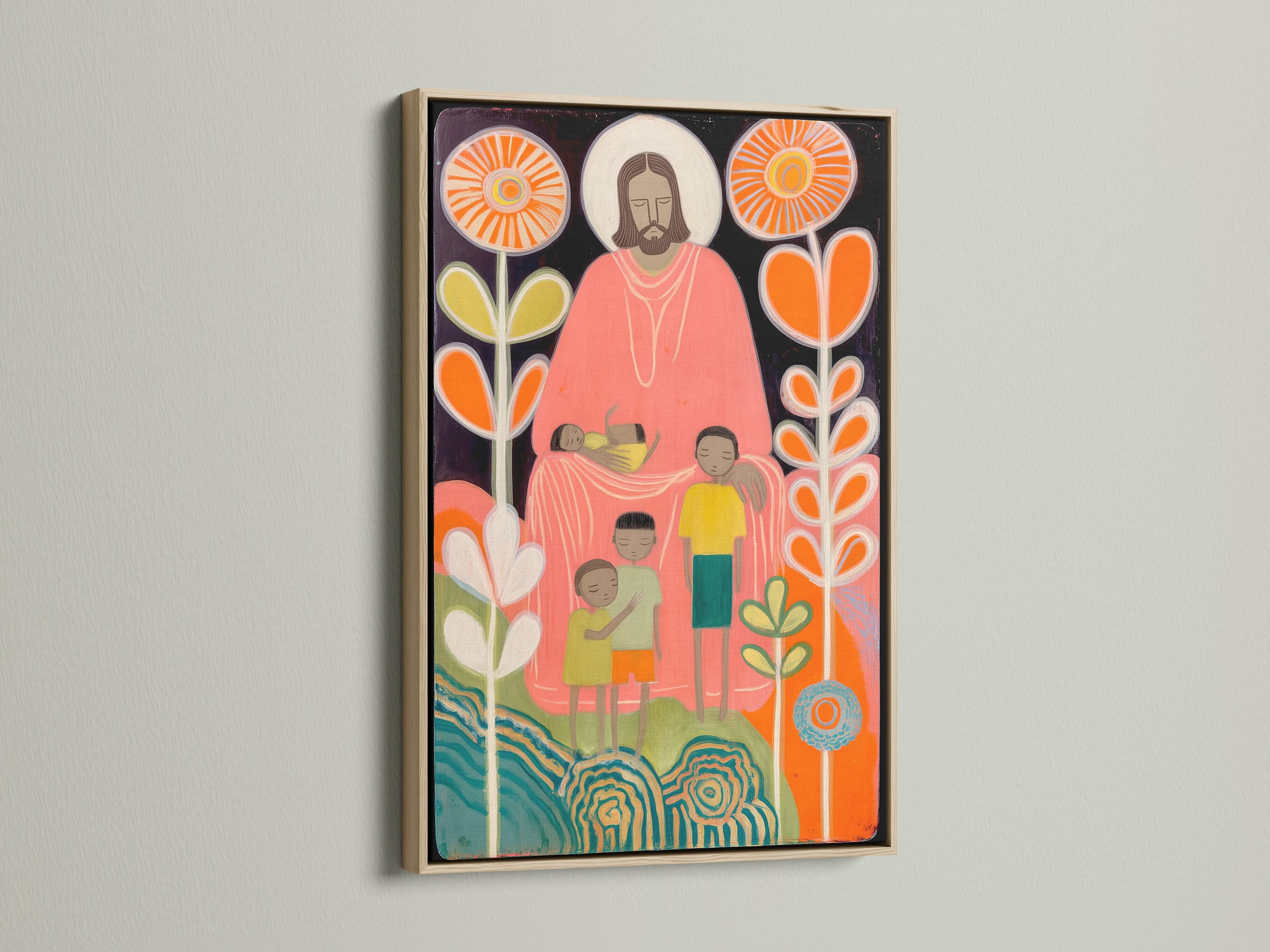 A captivating art piece hangs on a white wall. The artwork showcases a figure with children amidst colorful blooms. The artwork is framed with an oak frame. This frame enhances the art's visual appeal. A perfect addition to your home decor.
