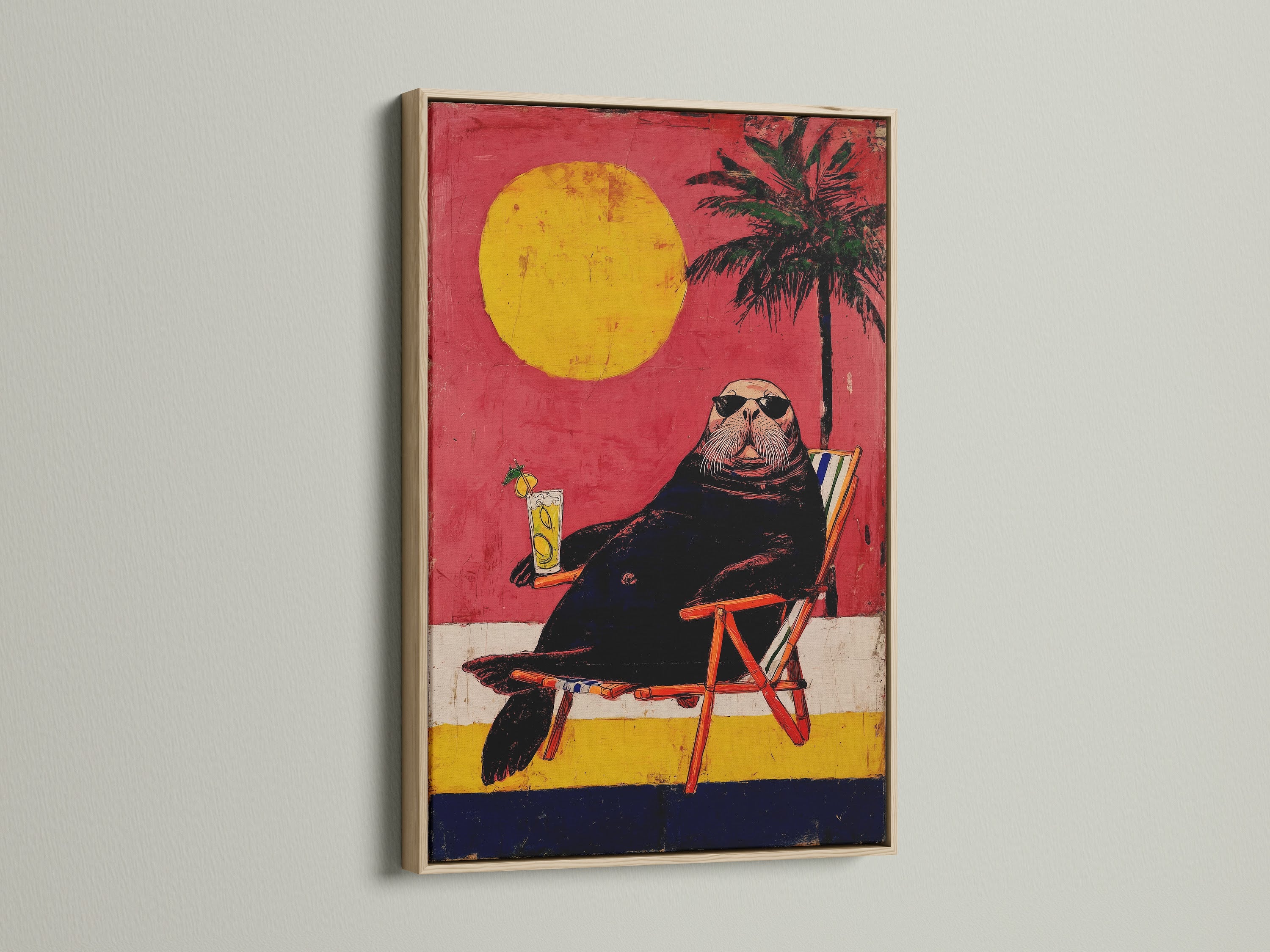 The Walrus Beach artwork is displayed in an oak frame. This frame enhances the coastal style of the print. Ideal for living rooms or beach houses. It brings a summer vibe to any space with a retro animal canvas.