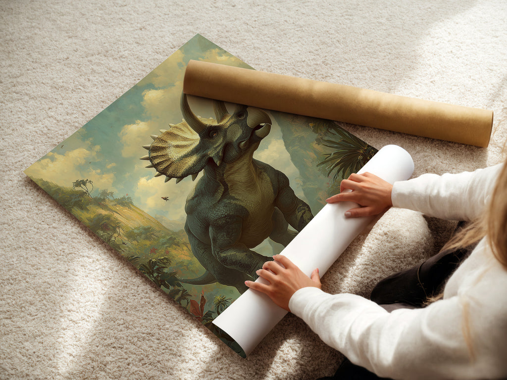 A woman is carefully rolling a fine art poster paper. The paper is of high quality. The art poster paper ensures vibrant colors and sharp details. We take pride in our fine art printing process. Experience the beauty of our art prints.