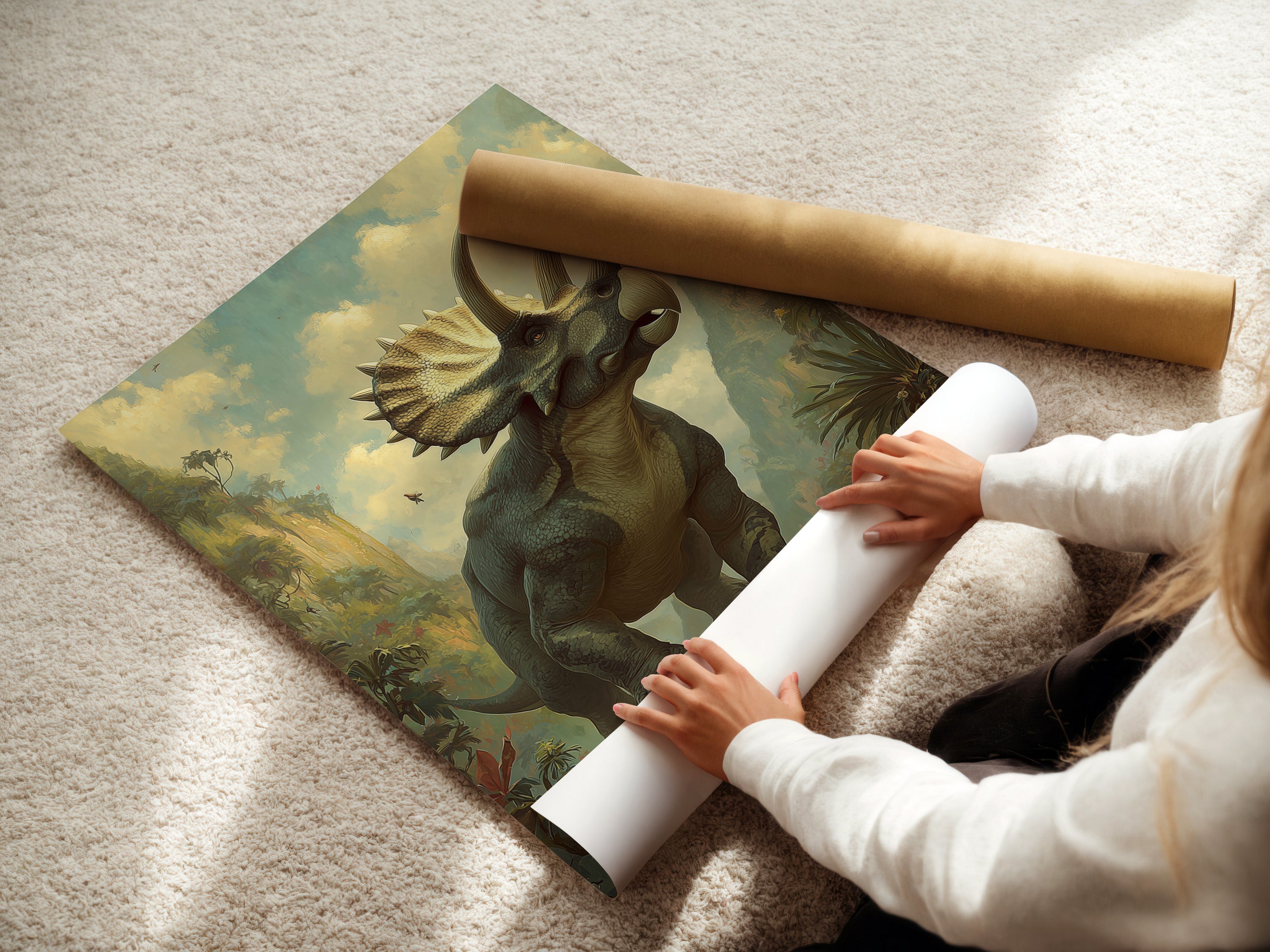 A woman is carefully rolling a fine art poster paper. The paper is of high quality. The art poster paper ensures vibrant colors and sharp details. We take pride in our fine art printing process. Experience the beauty of our art prints.