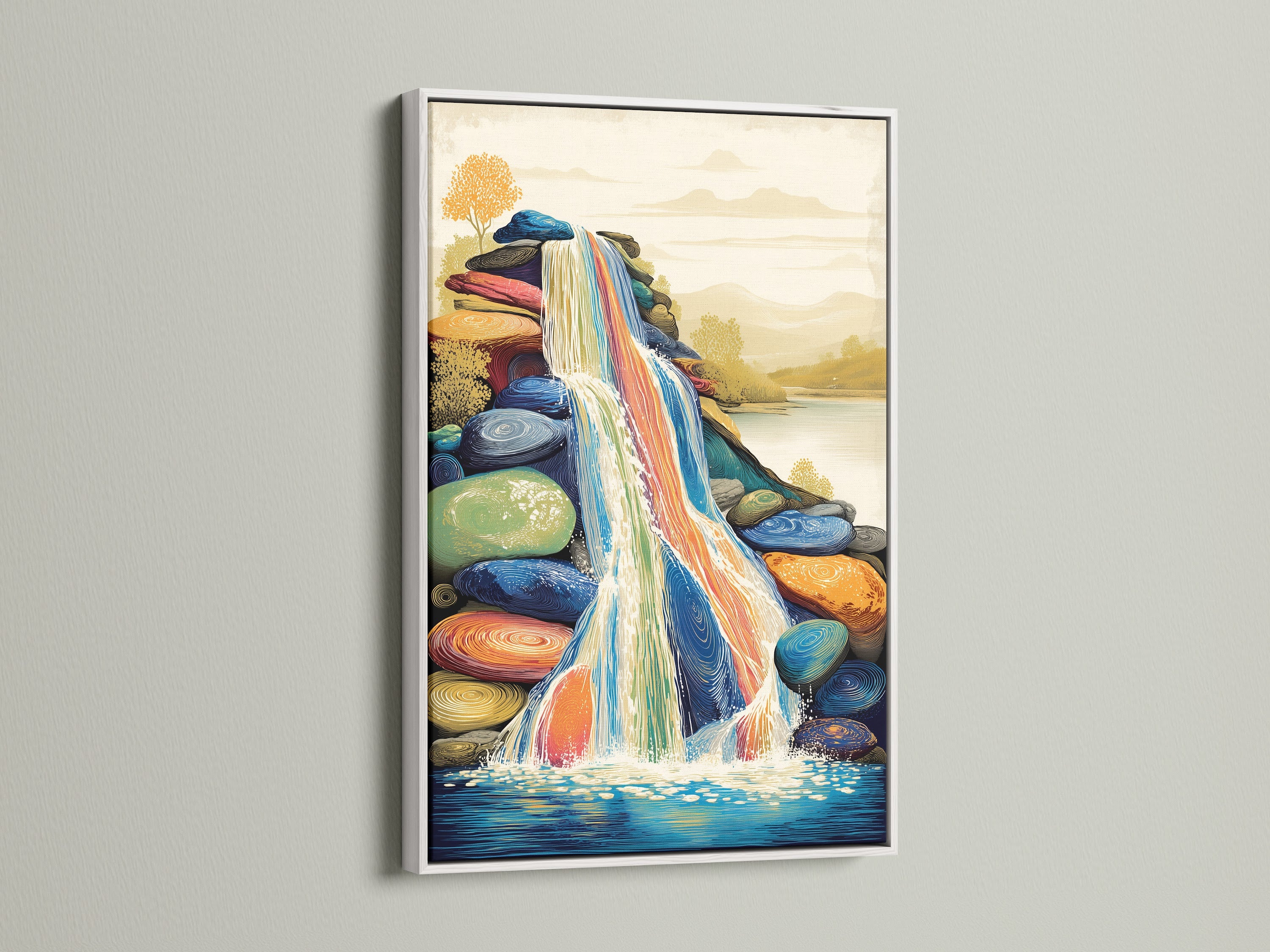 This is a colorful waterfall artwork in a white frame. This abstract nature art enhances any space. This vibrant wall art is perfect for a spa or relaxation room. A serene and modern piece.