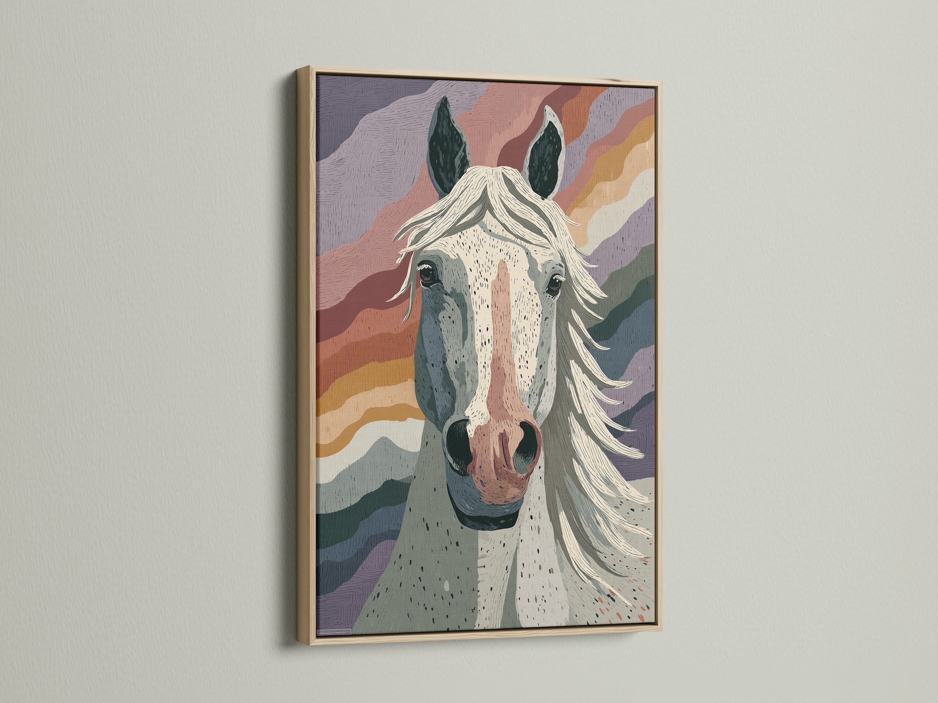 Equestrian Canvas featuring a horse portrait in an oak frame. The warm tones of the oak enhance the colorful details of the artwork. A perfect choice for adding a touch of boho style to living spaces. Ideal for those seeking rustic wall art.