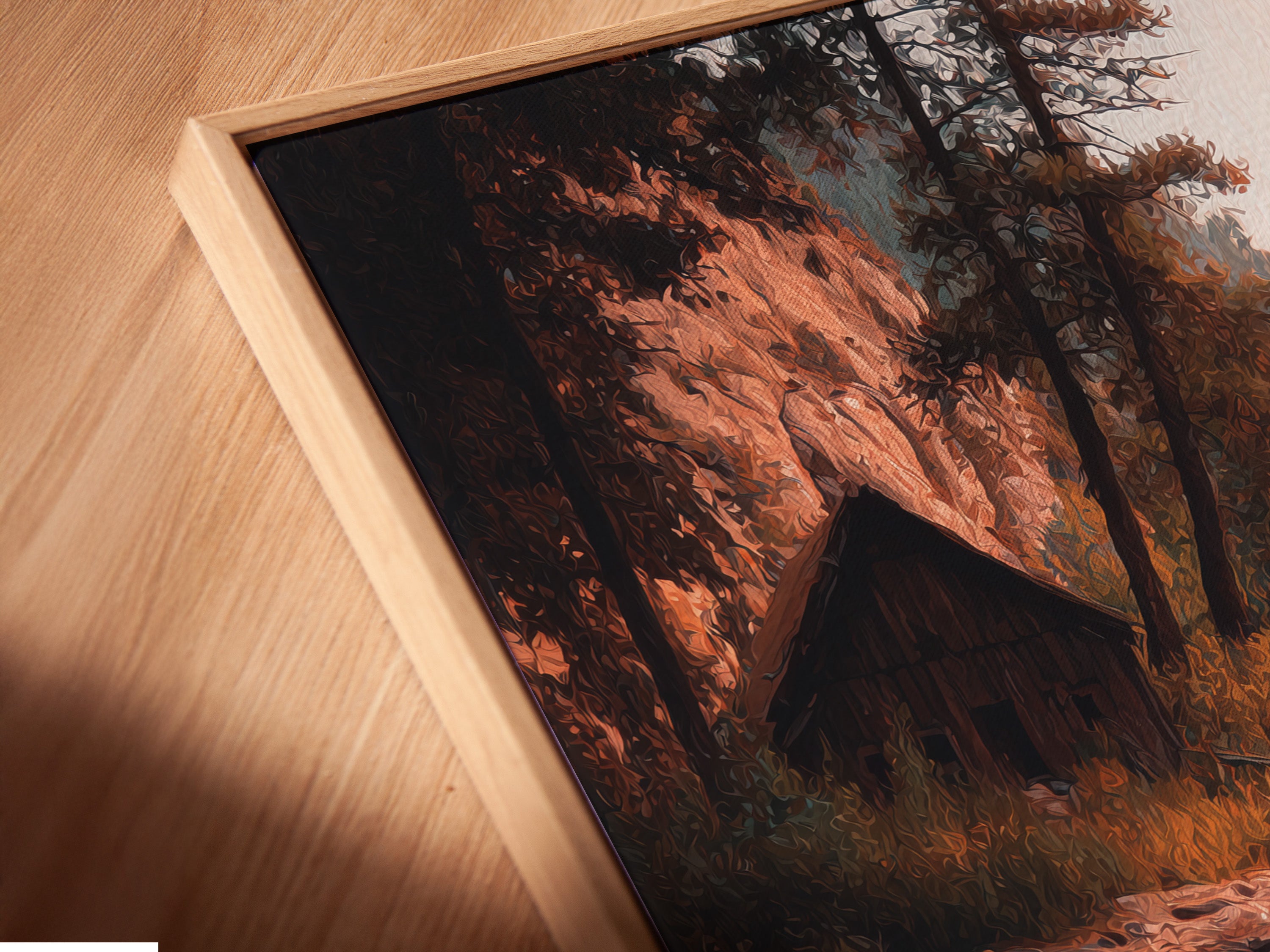 A close-up shows a canvas print in a floating frame. The frame enhances the artwork's depth. This framing style offers a modern gallery look. The canvas print showcases vibrant details. The floating frame provides a unique aesthetic.