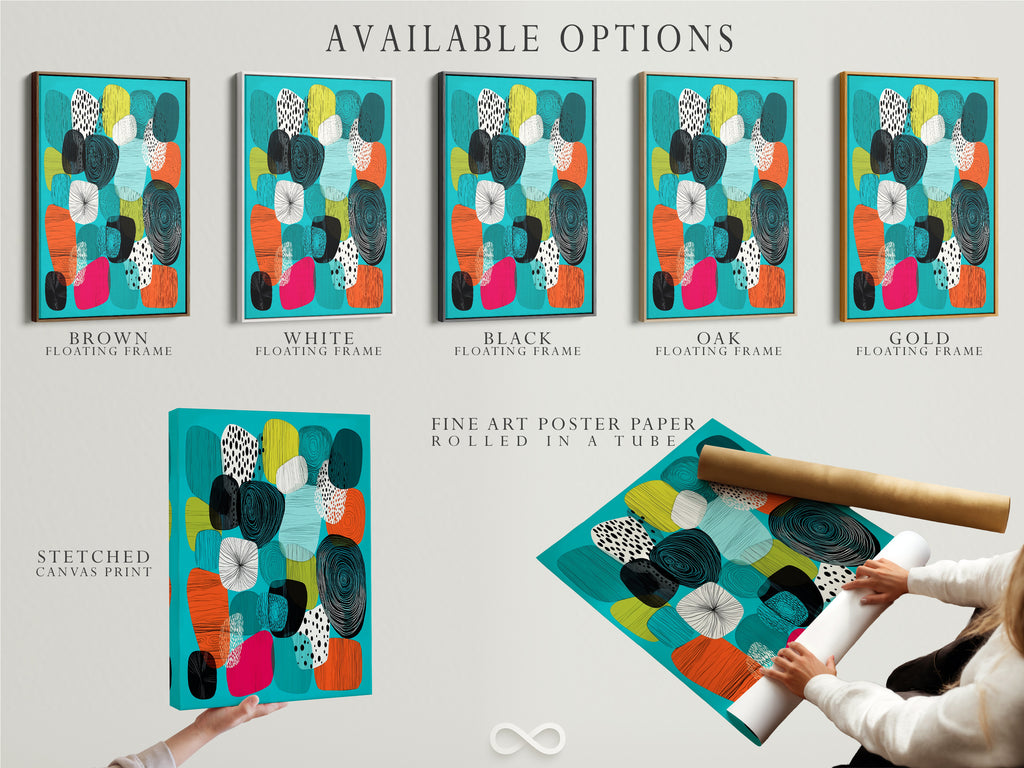 Explore available options for this mid-century modern artwork. Choose from a stretched canvas print fine art poster paper or a floating frame. This abstract canvas features teal orange and geometric shapes. Find the perfect fit for your style.