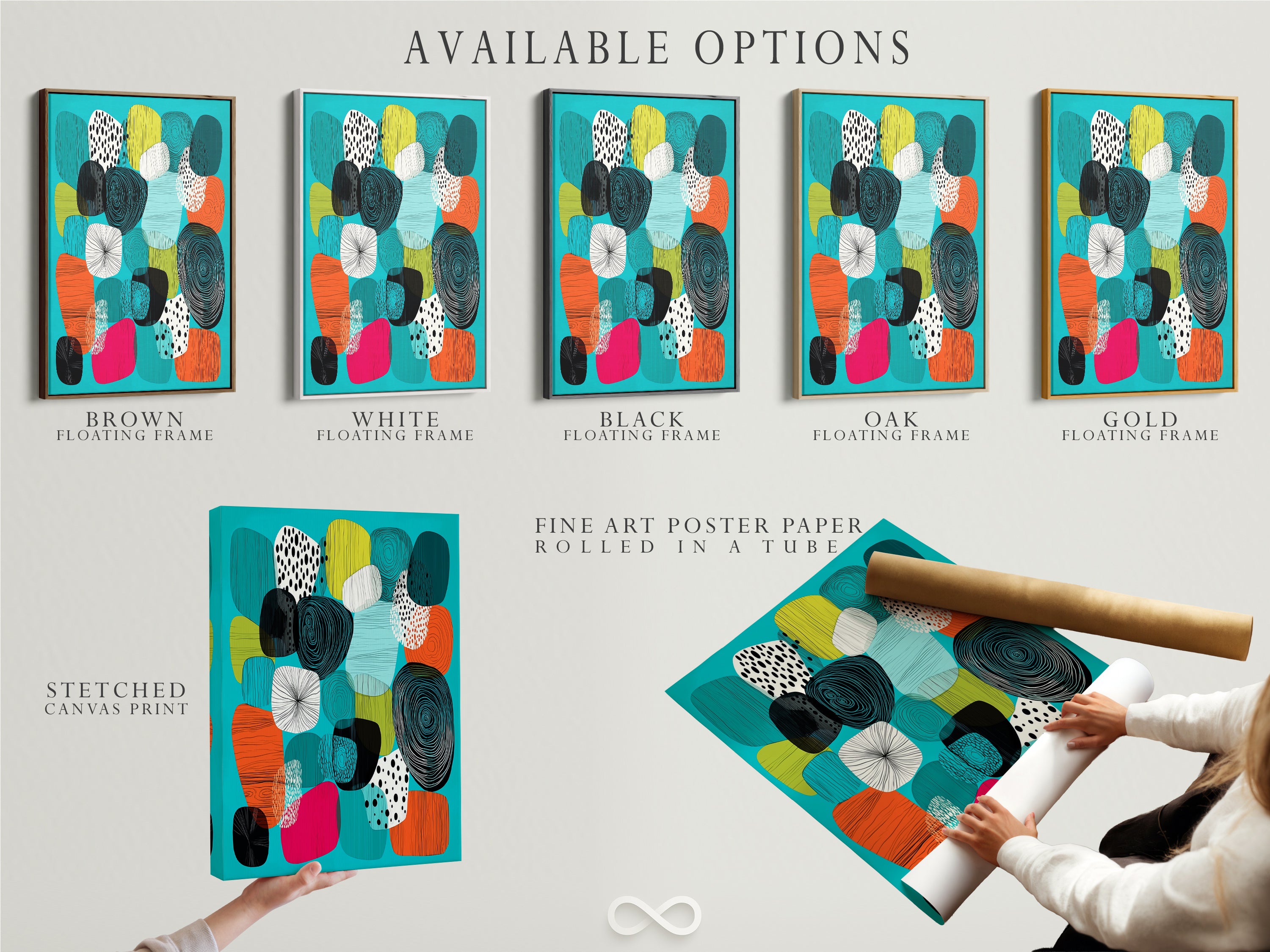 Explore available options for this mid-century modern artwork. Choose from a stretched canvas print fine art poster paper or a floating frame. This abstract canvas features teal orange and geometric shapes. Find the perfect fit for your style.