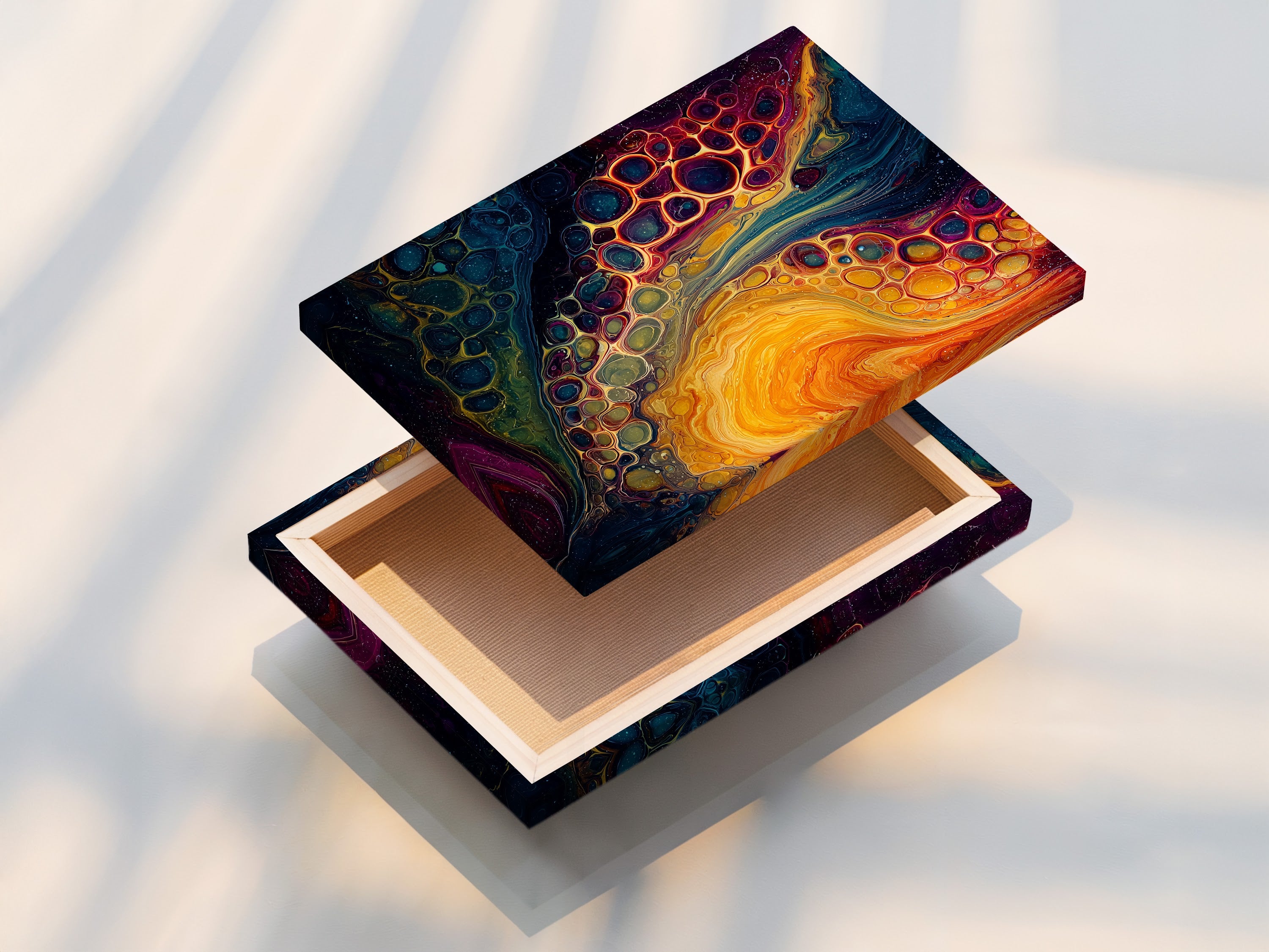 A stretched canvas print is ready for display. The canvas is tightly stretched over a wooden frame. This presentation method provides a gallery-like appearance. The stretched canvas print is durable and long-lasting. It's a great option for displaying artwork without a frame. The texture of the canvas adds depth to the artwork.