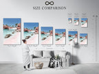 A size comparison chart showcases the Pink Sand Beach artwork in an interior setting. Visualize how this coastal print fits into your living space. Perfect wall art for bedrooms living rooms and beach houses.