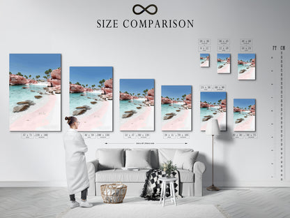 A size comparison chart showcases the Pink Sand Beach artwork in an interior setting. Visualize how this coastal print fits into your living space. Perfect wall art for bedrooms living rooms and beach houses.
