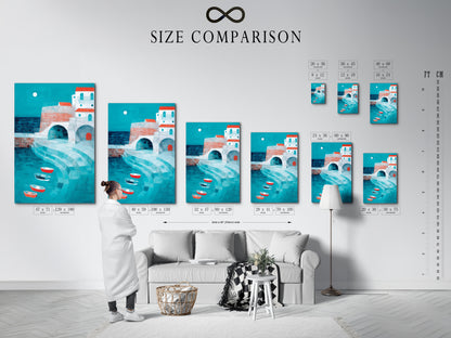 A size comparison chart is displayed in an interior setting. The chart shows various sizes of the coastal village artwork. It helps visualize how the art will fit in your space. Available sizes include small medium and large options. Choose the perfect size to complement your decor.