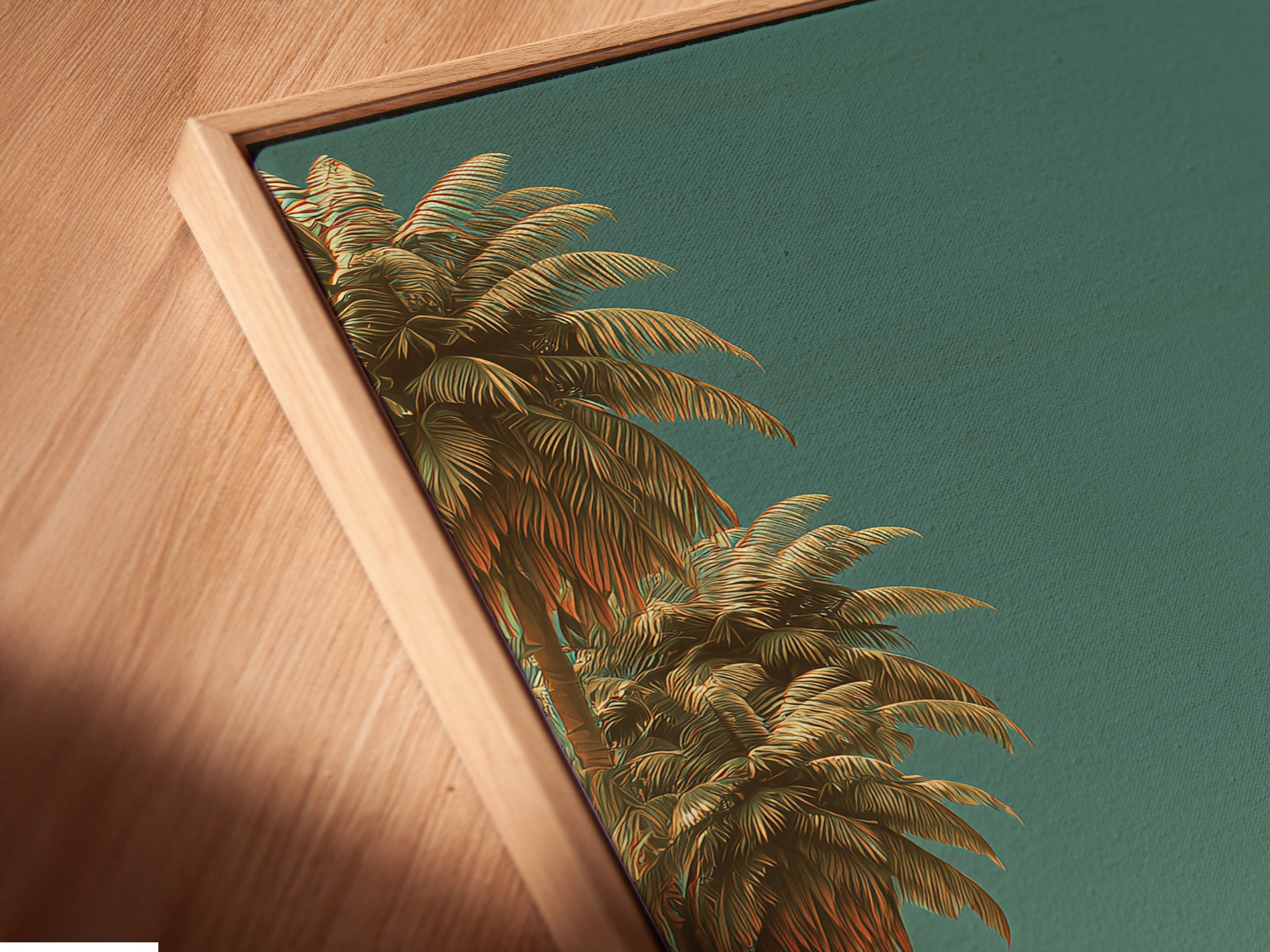 Close-up of a canvas print in a floating frame. The artwork appears to float within the frame. This modern framing style enhances the artwork. Experience art in a unique way with a floating frame.