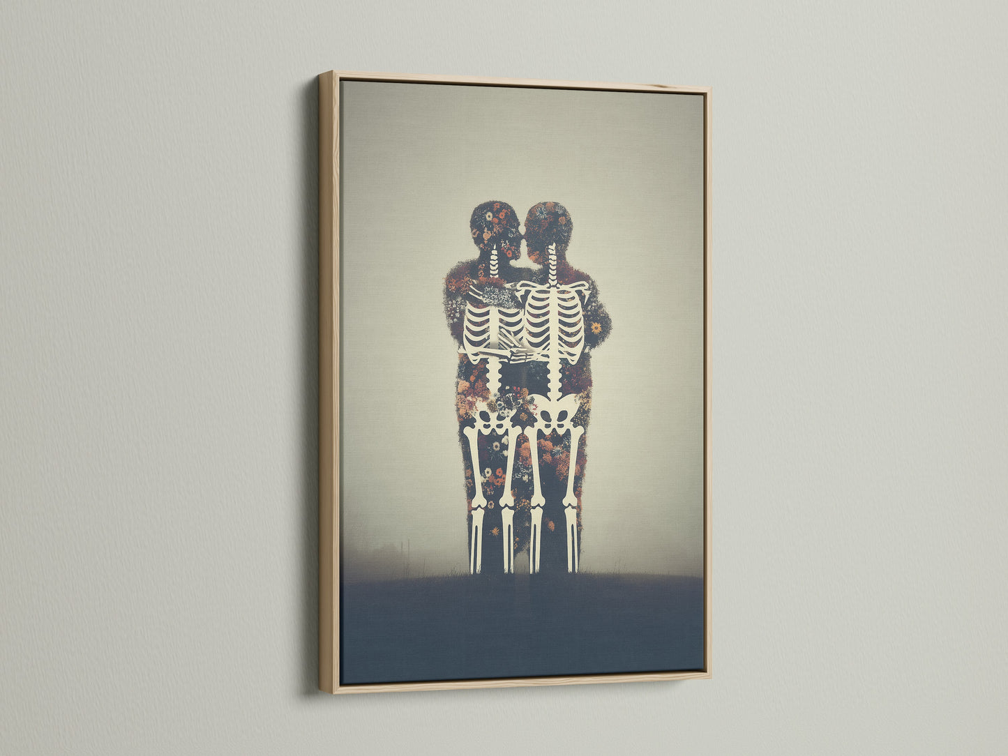 Floral Skeleton canvas print with an oak frame. This anatomy artwork is great for gothic home decor. It can be used as study room decor. The frame enhances the dark academia feel.