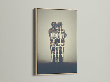Floral Skeleton canvas print with an oak frame. This anatomy artwork is great for gothic home decor. It can be used as study room decor. The frame enhances the dark academia feel.