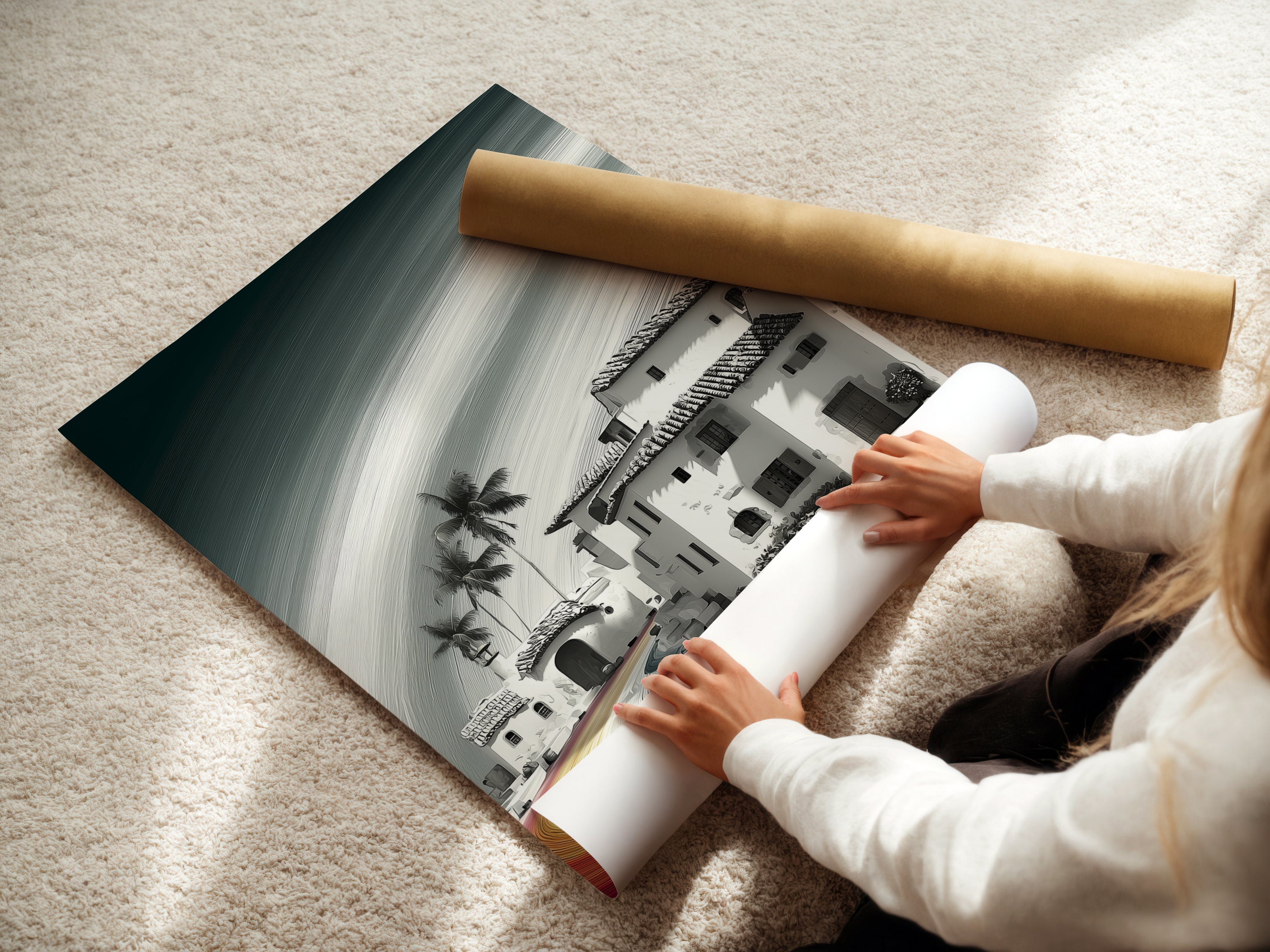 A woman is carefully rolling a fine art poster paper. The fine art poster paper ensures high-quality prints with vibrant colors. This paper preserves the details of the Coastal Village artwork. This provides a stunning visual experience for years to come.